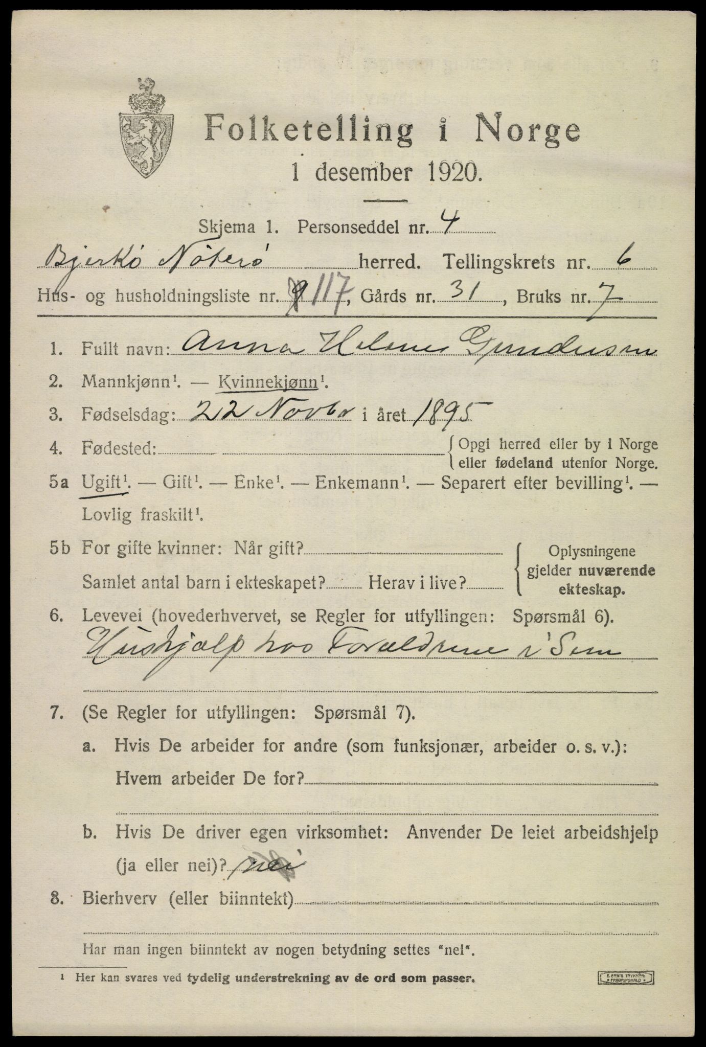SAKO, 1920 census for Nøtterøy, 1920, p. 9431