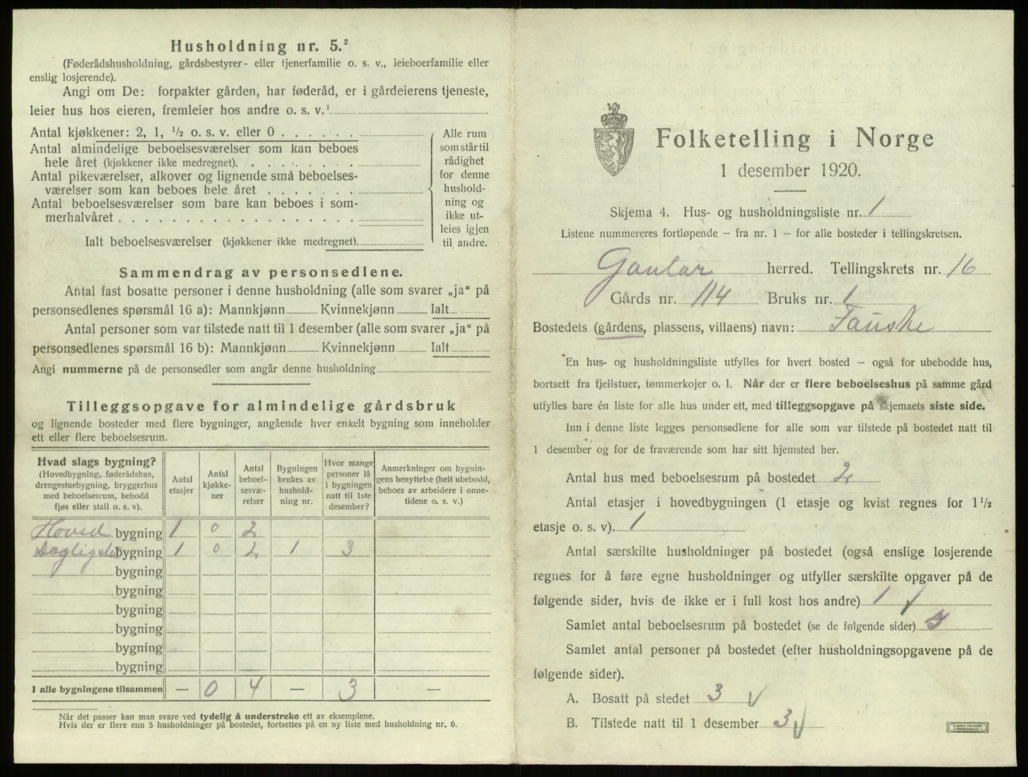 SAB, 1920 census for Gaular, 1920, p. 1105