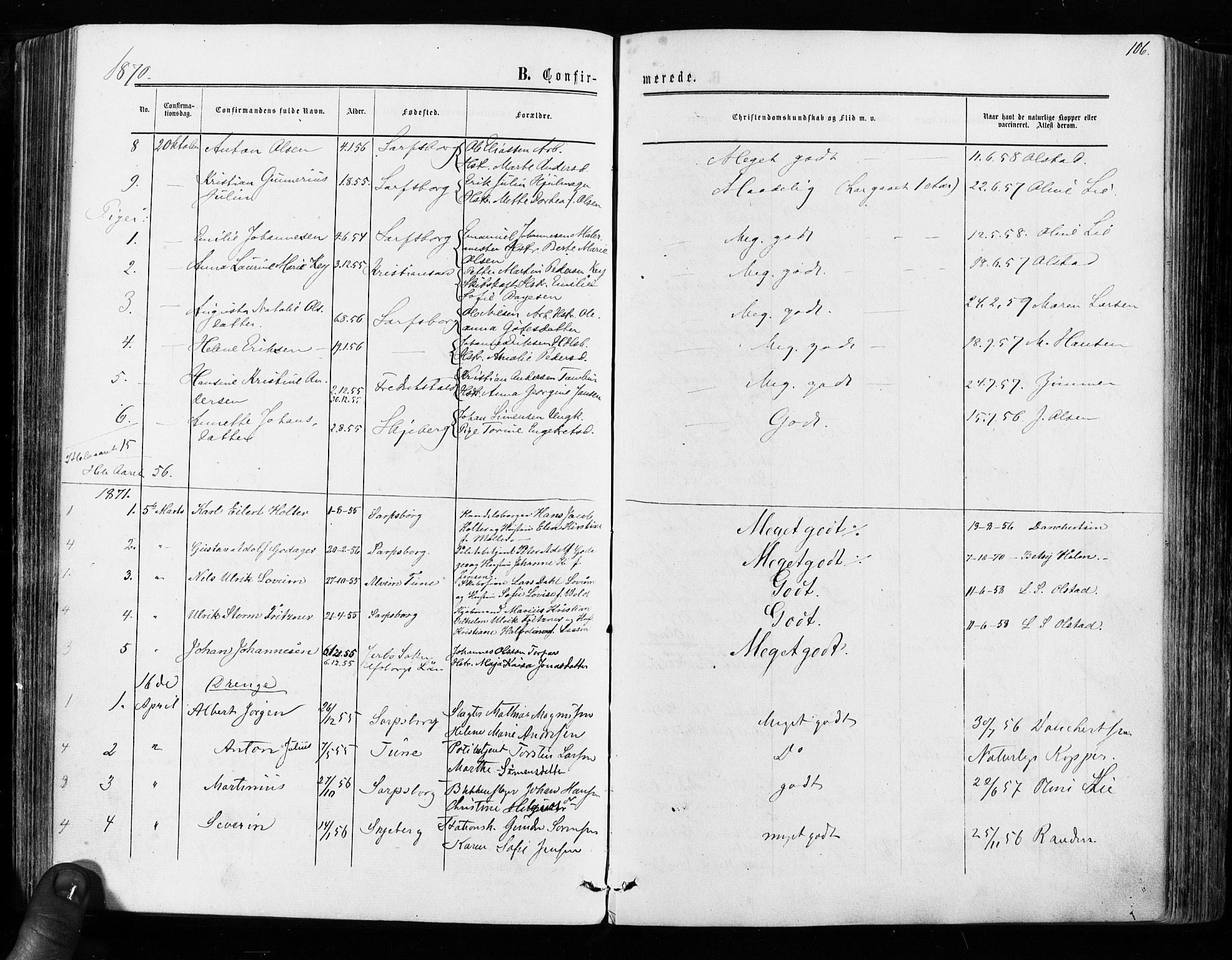 Sarpsborg prestekontor Kirkebøker, SAO/A-2006/F/Fa/L0002: Parish register (official) no. 2, 1869-1877, p. 106
