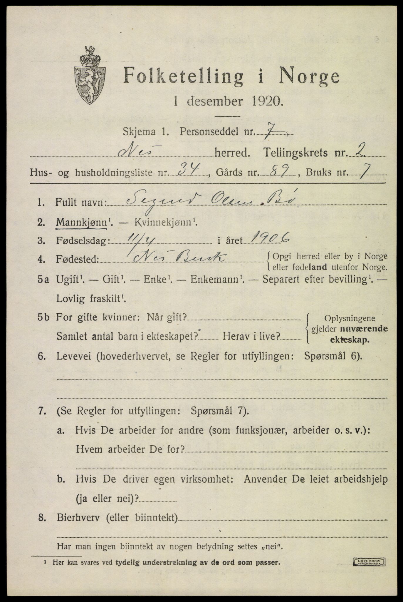 SAKO, 1920 census for Nes (Buskerud), 1920, p. 1614