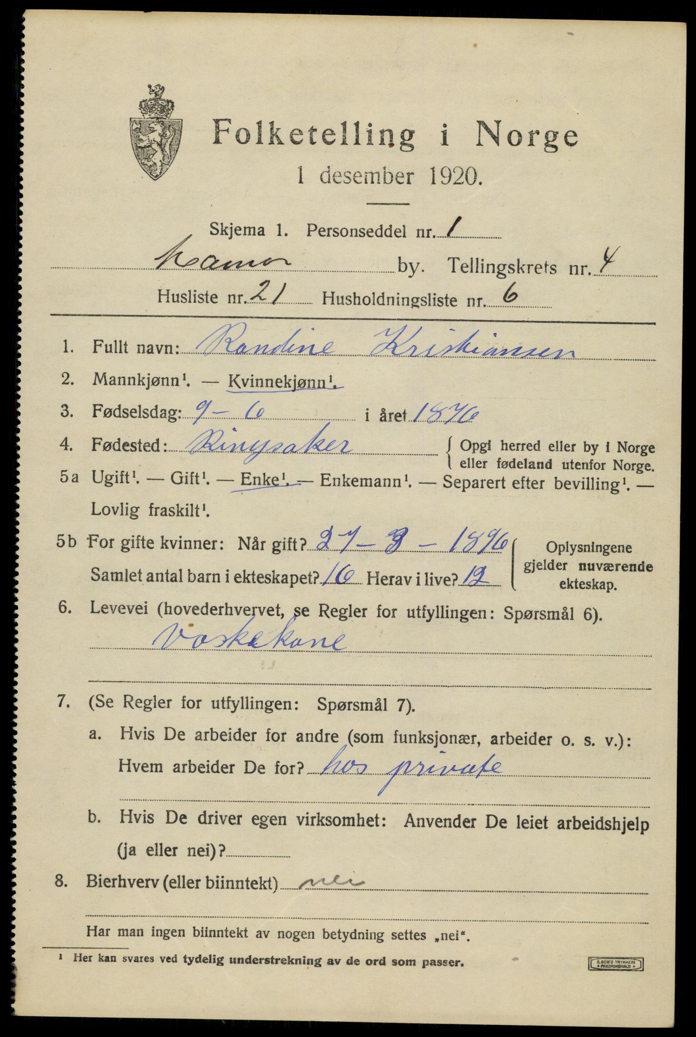 SAH, 1920 census for Hamar, 1920, p. 8675