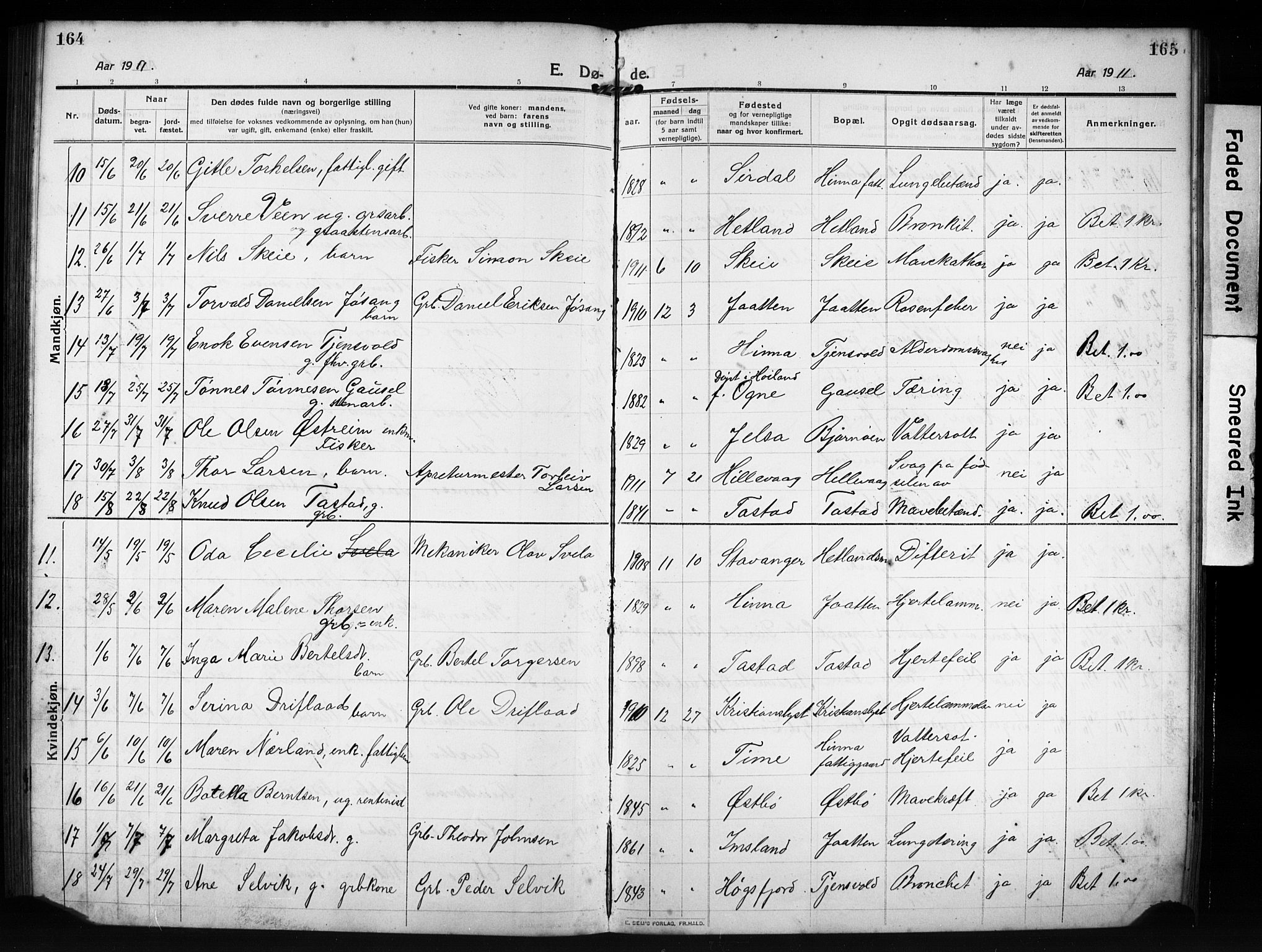 Hetland sokneprestkontor, AV/SAST-A-101826/30/30BB/L0009: Parish register (copy) no. B 9, 1910-1931, p. 164-165