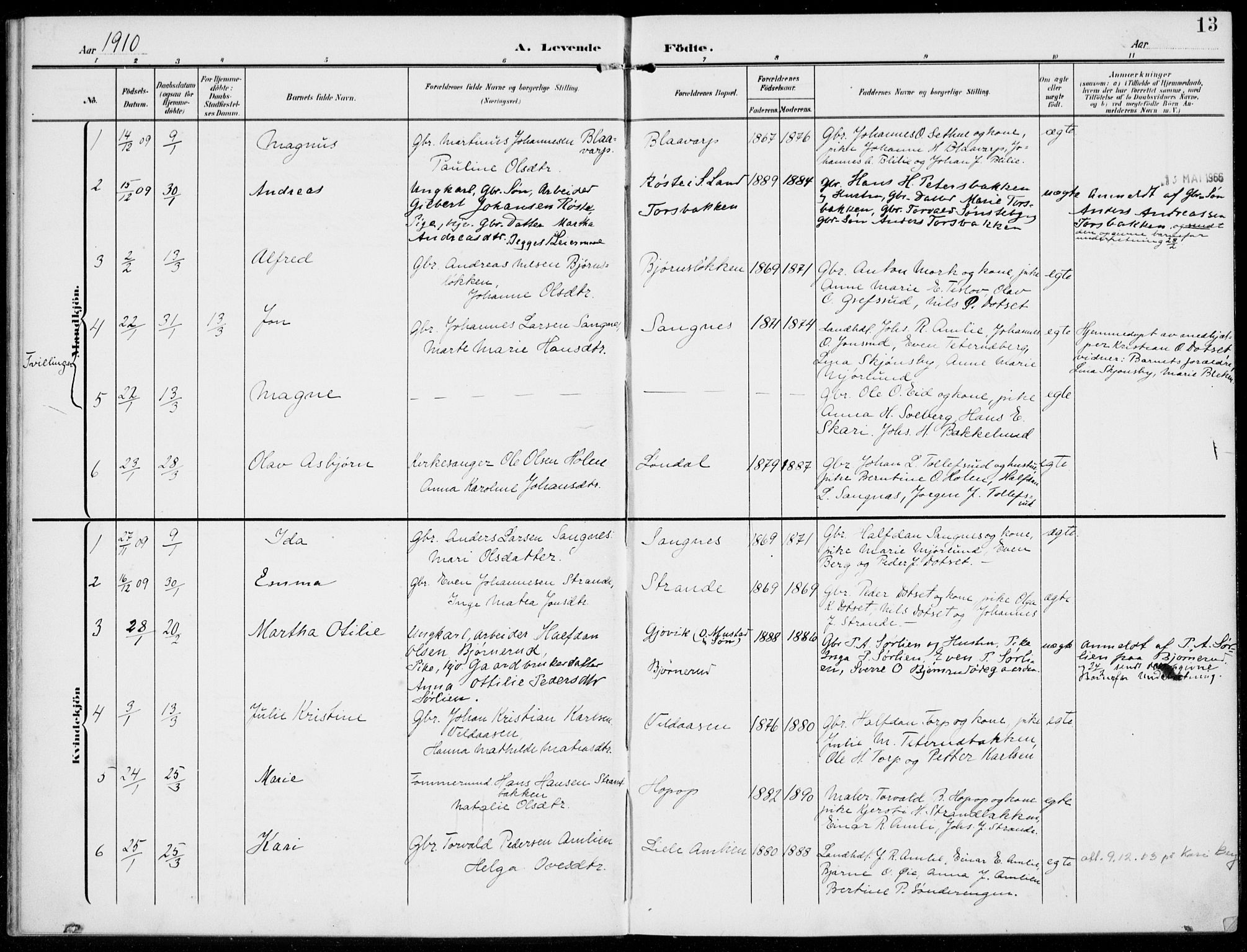 Kolbu prestekontor, AV/SAH-PREST-110/H/Ha/Haa/L0001: Parish register (official) no. 1, 1907-1923, p. 13