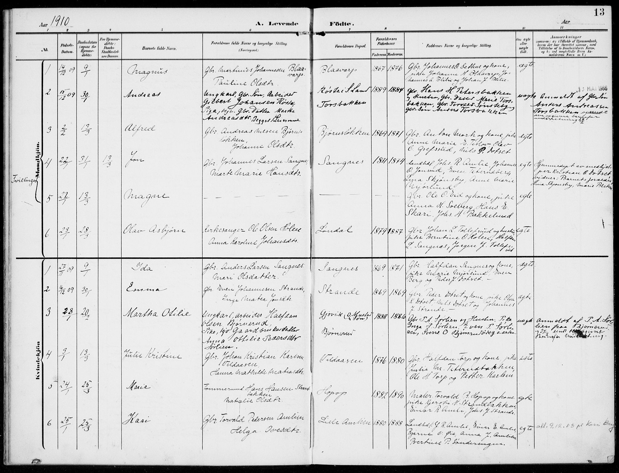 Kolbu prestekontor, SAH/PREST-110/H/Ha/Haa/L0001: Parish register (official) no. 1, 1907-1923, p. 13