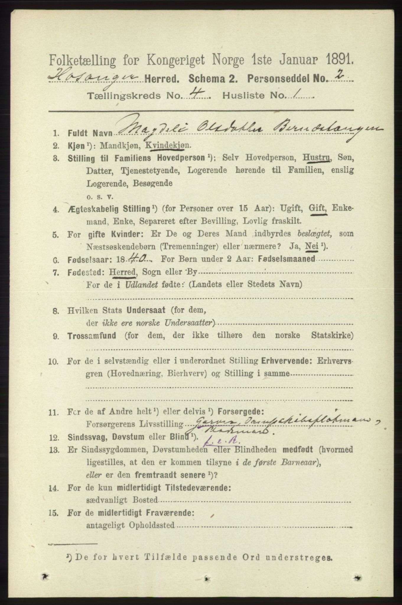 RA, 1891 census for 1253 Hosanger, 1891, p. 1441