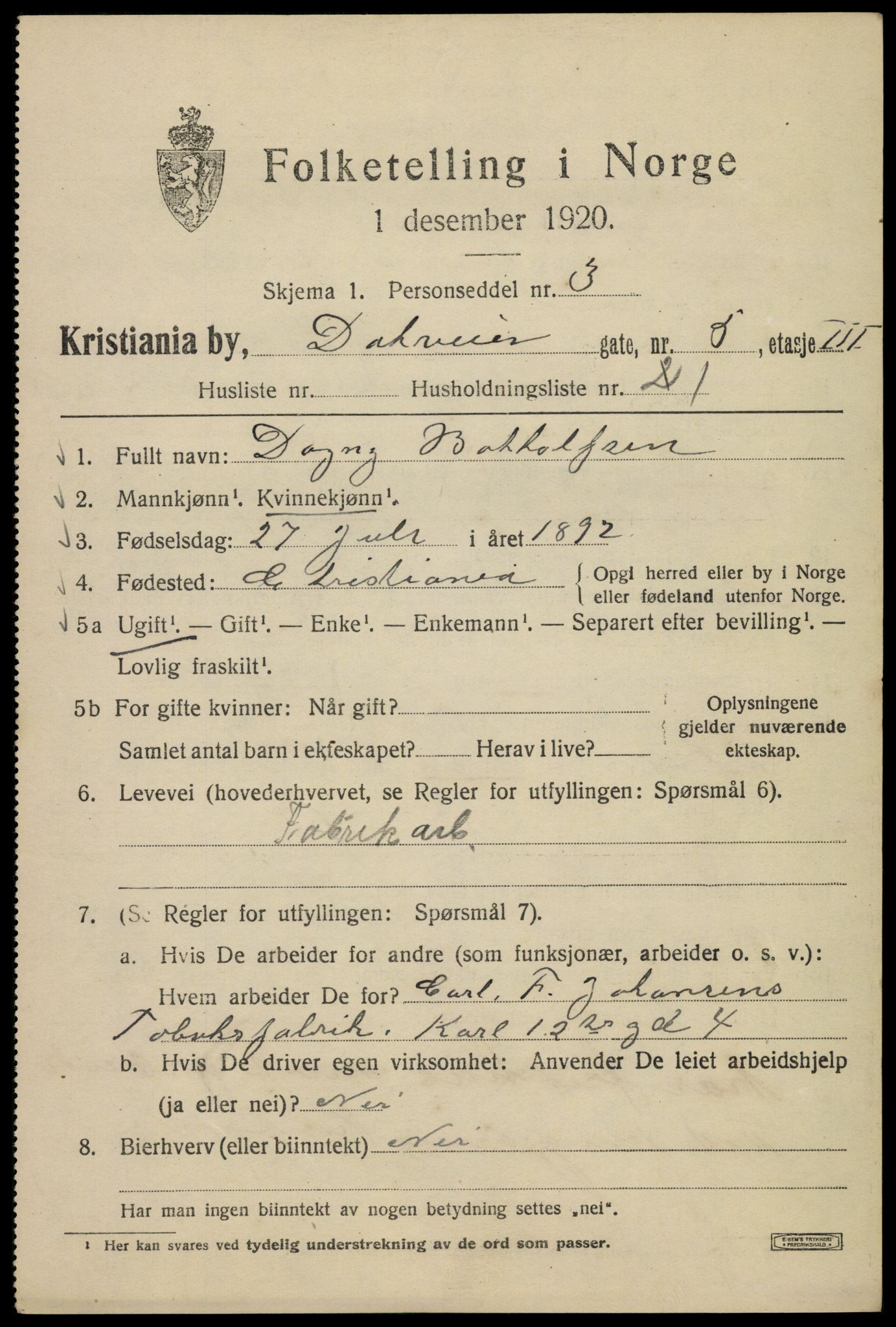 SAO, 1920 census for Kristiania, 1920, p. 199435