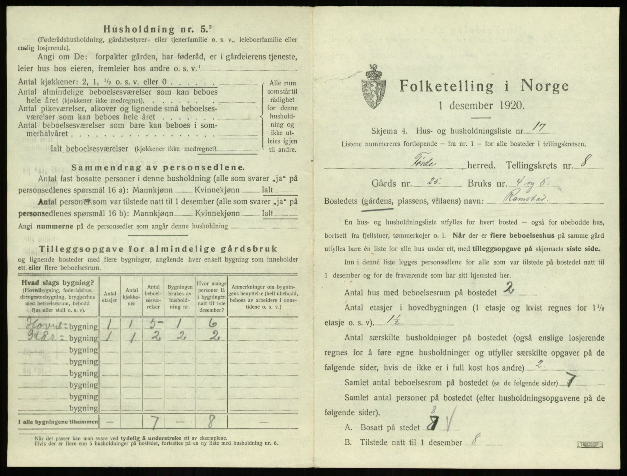 SAB, 1920 census for Førde, 1920, p. 470