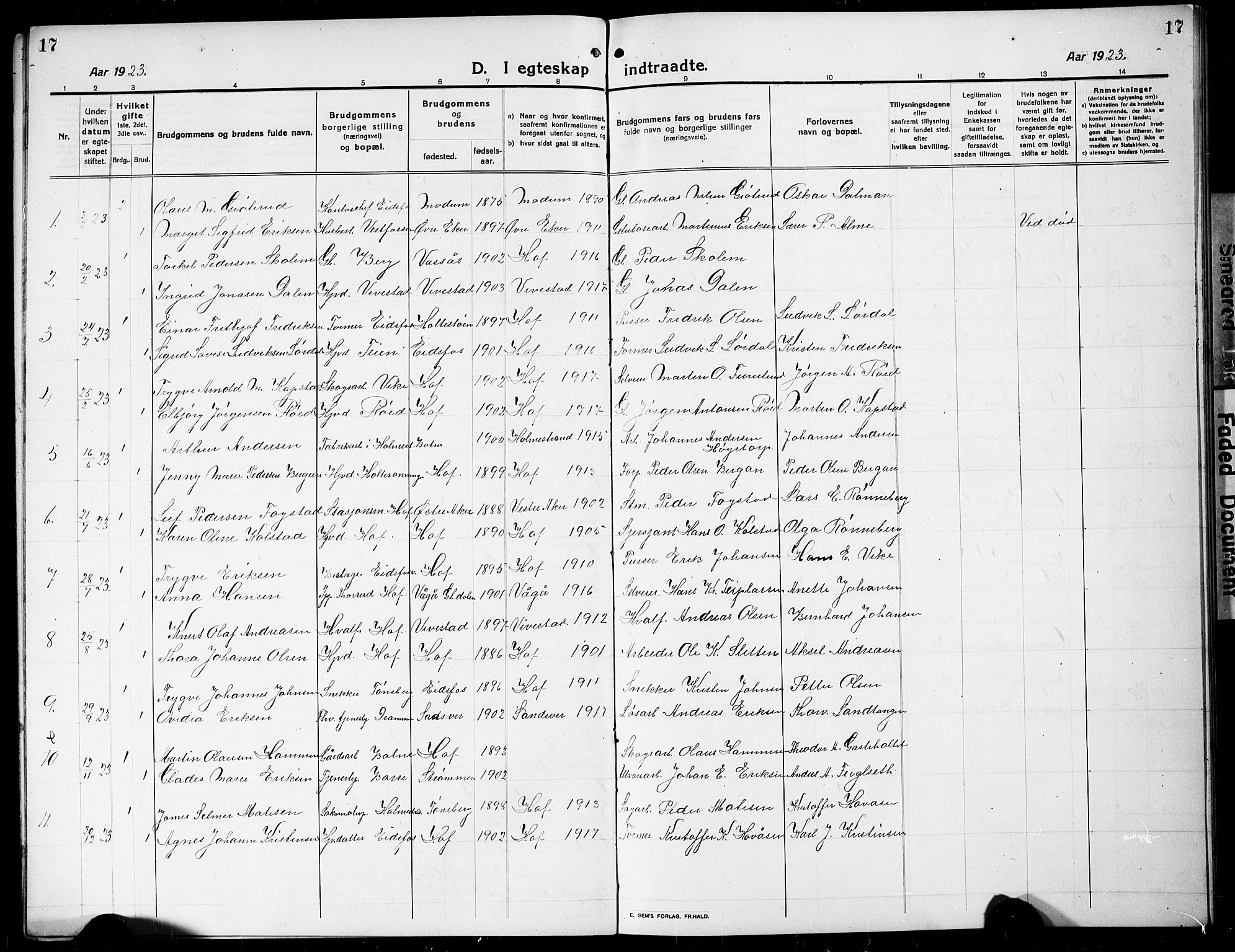 Hof kirkebøker, AV/SAKO-A-64/G/Ga/L0007: Parish register (copy) no. I 7, 1911-1930, p. 17
