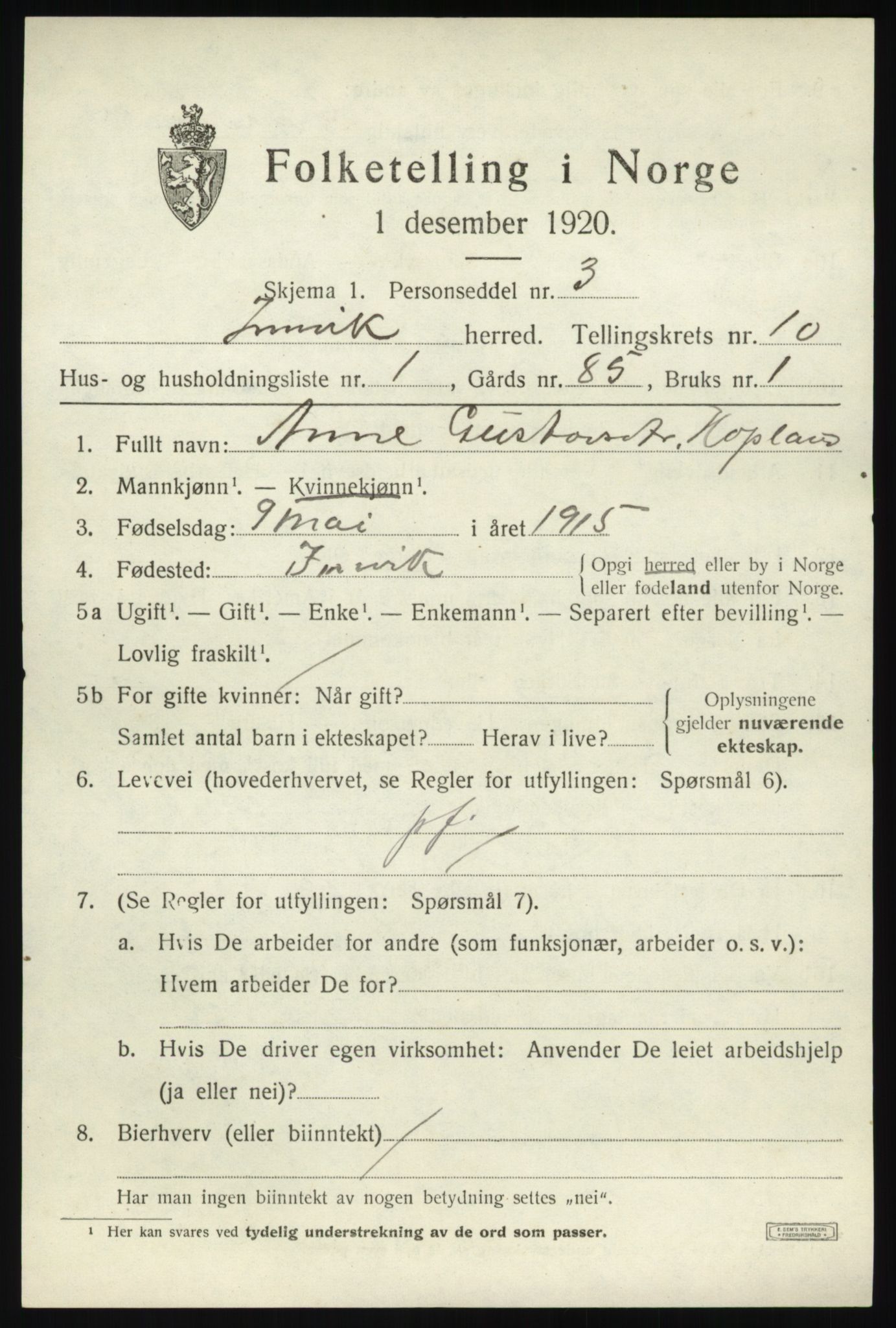 SAB, 1920 census for Innvik, 1920, p. 4107