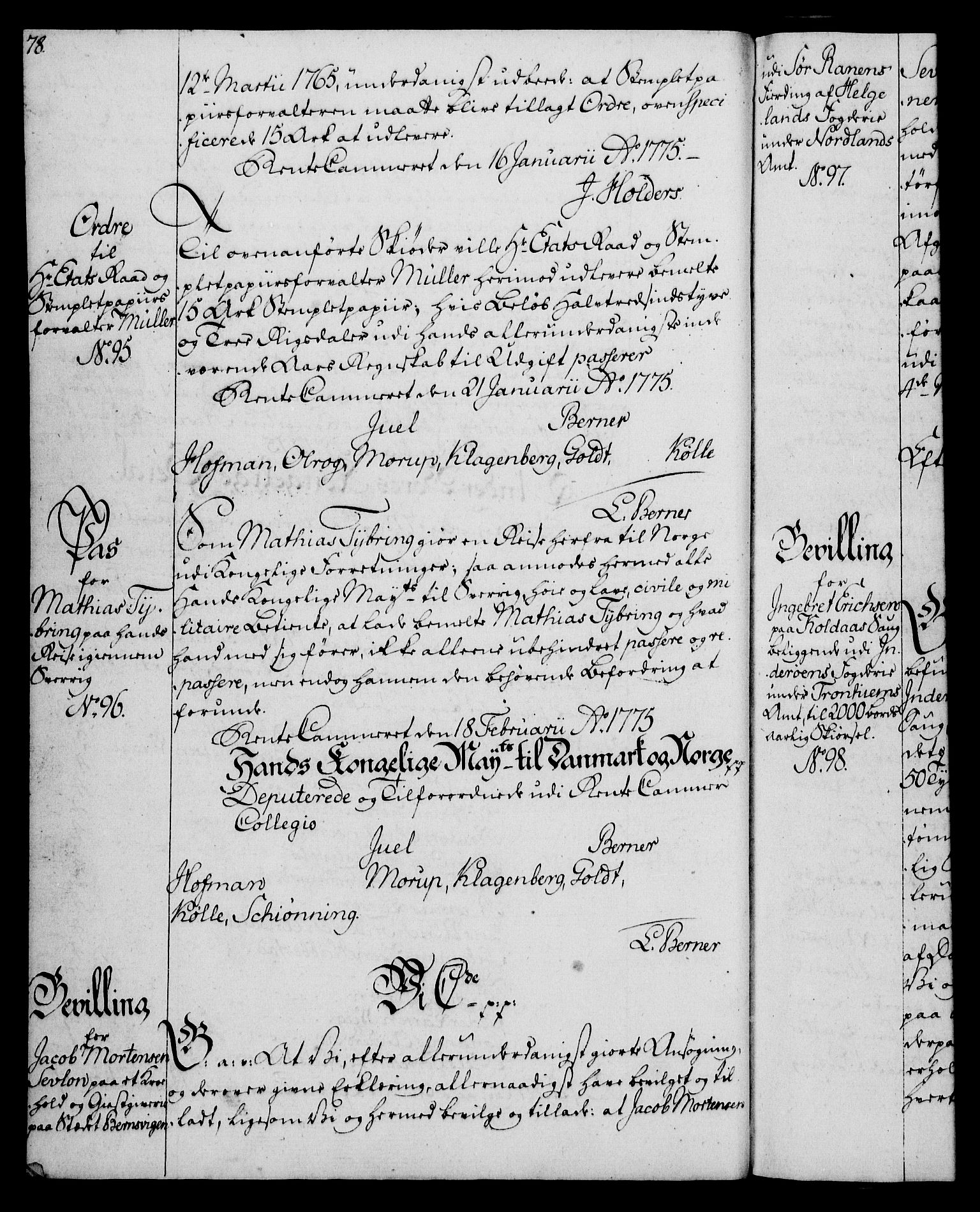 Rentekammeret, Kammerkanselliet, AV/RA-EA-3111/G/Gg/Gga/L0010: Norsk ekspedisjonsprotokoll med register (merket RK 53.10), 1773-1778, p. 78