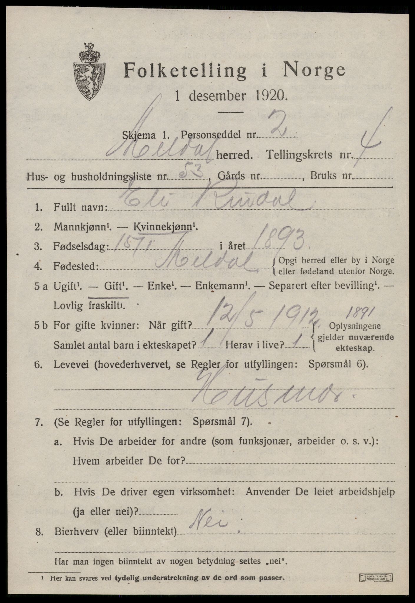 SAT, 1920 census for Meldal, 1920, p. 4435