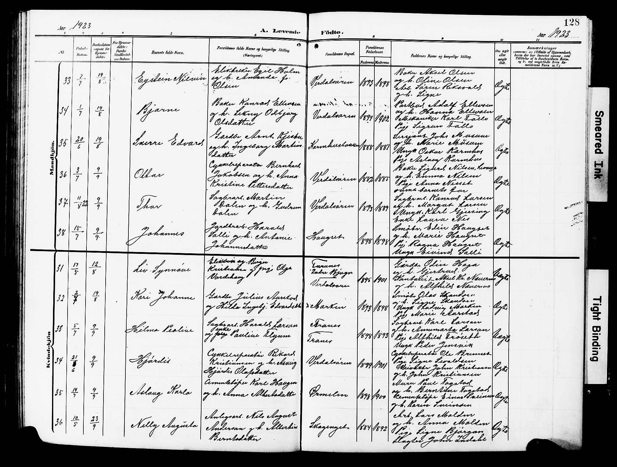 Ministerialprotokoller, klokkerbøker og fødselsregistre - Nord-Trøndelag, AV/SAT-A-1458/723/L0258: Parish register (copy) no. 723C06, 1908-1927, p. 128