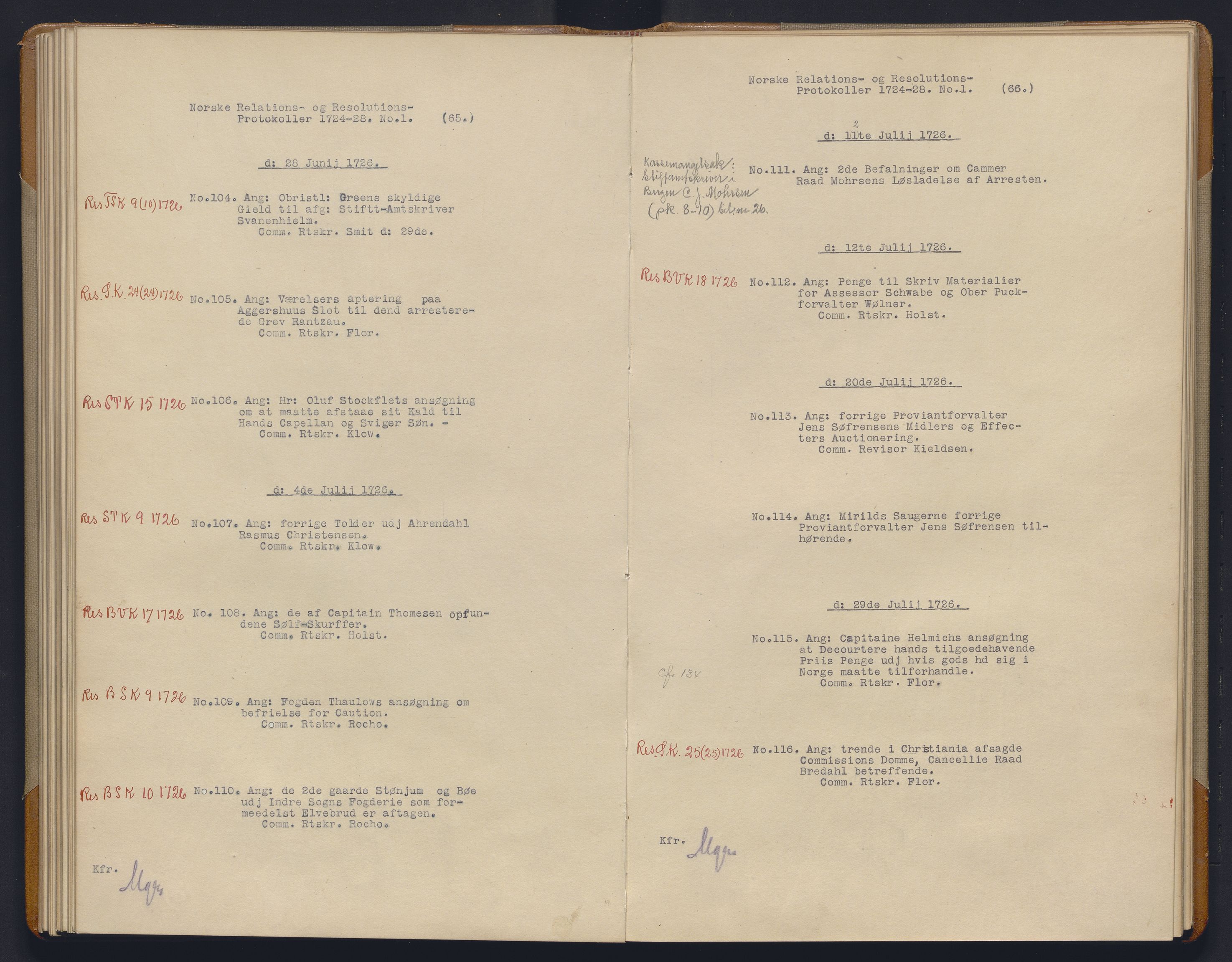 Avskriftsamlingen, AV/RA-EA-4022/F/Fb/L0115: Registratur over norske Relasjons- og resolusjonsprotkoller, 1724-1728, p. 53