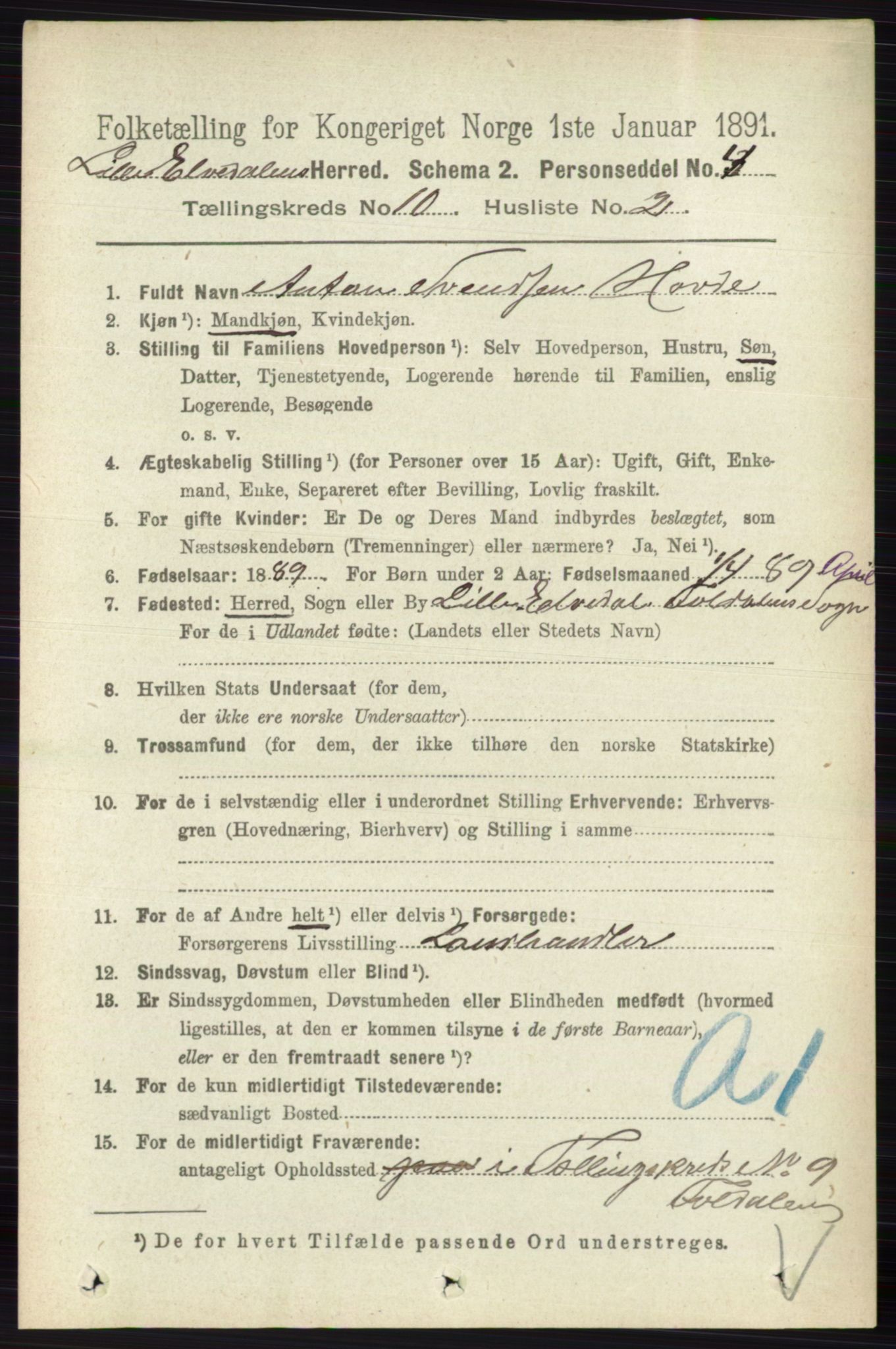 RA, 1891 census for 0438 Lille Elvedalen, 1891, p. 3431