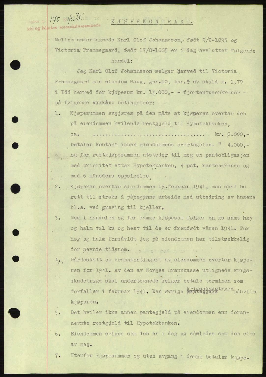 Idd og Marker sorenskriveri, AV/SAO-A-10283/G/Gb/Gbb/L0007: Mortgage book no. A7, 1944-1945, Diary no: : 175/1945