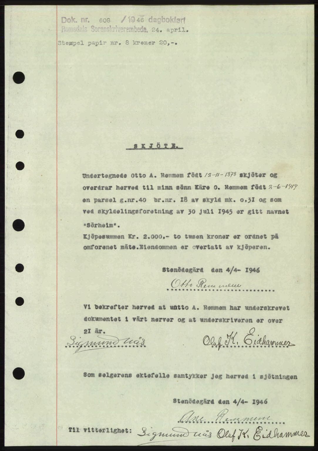 Romsdal sorenskriveri, SAT/A-4149/1/2/2C: Mortgage book no. A19, 1946-1946, Diary no: : 608/1946