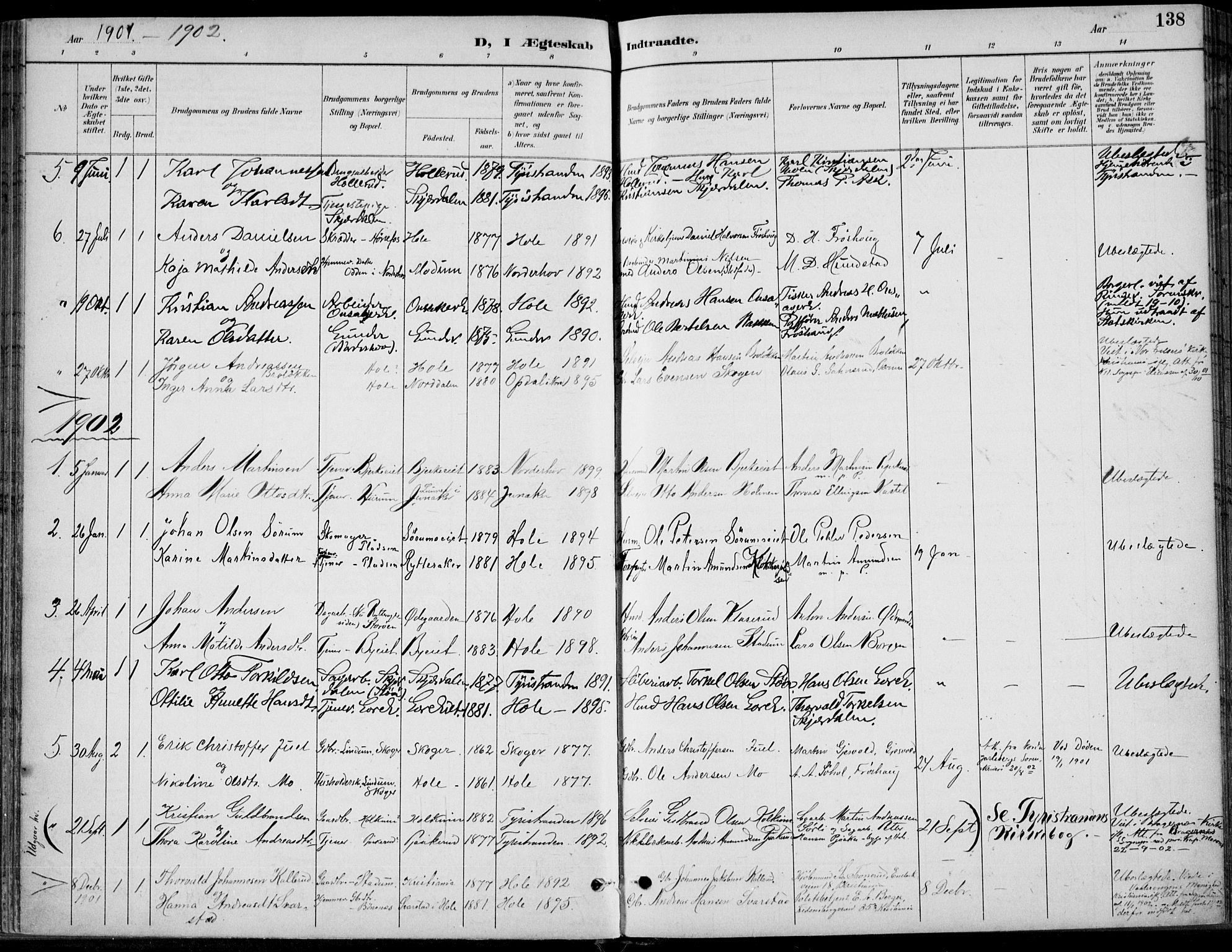 Hole kirkebøker, SAKO/A-228/F/Fa/L0009: Parish register (official) no. I 9, 1892-1907, p. 138