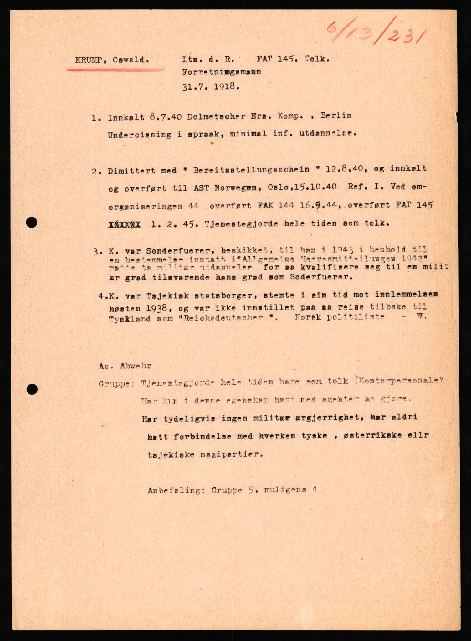 Forsvaret, Forsvarets overkommando II, RA/RAFA-3915/D/Db/L0041: CI Questionaires.  Diverse nasjonaliteter., 1945-1946, p. 248