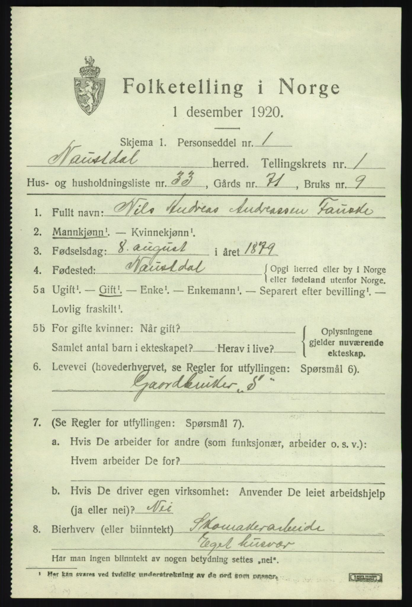 SAB, 1920 census for Naustdal, 1920, p. 1265