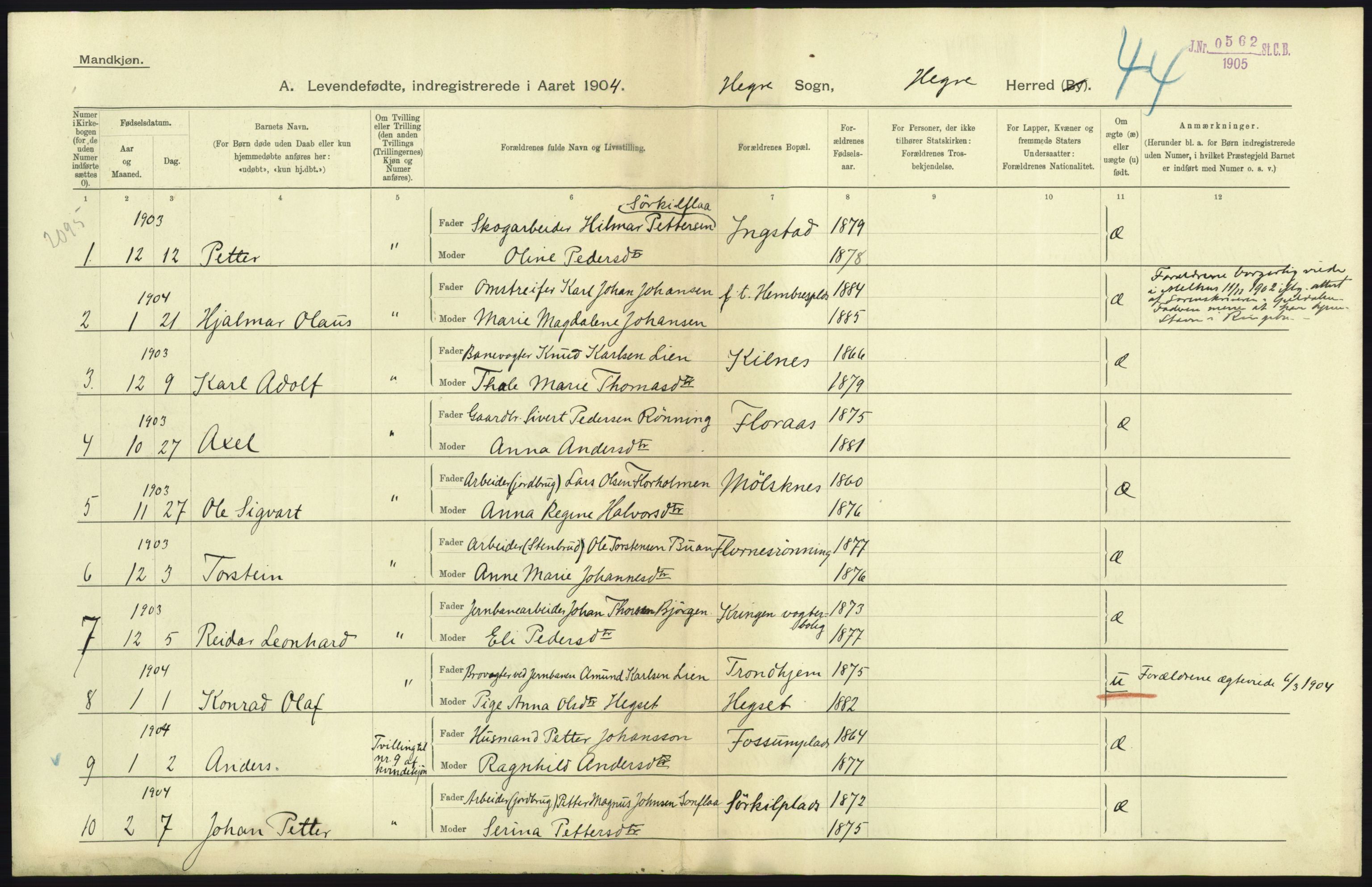 Statistisk sentralbyrå, Sosiodemografiske emner, Befolkning, RA/S-2228/D/Df/Dfa/Dfab/L0019: Nordre Trondhjems amt: Fødte, gifte, døde, 1904, p. 57