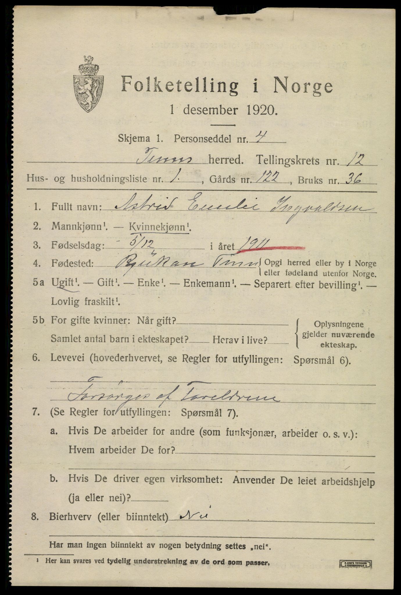 SAKO, 1920 census for Tinn, 1920, p. 7606