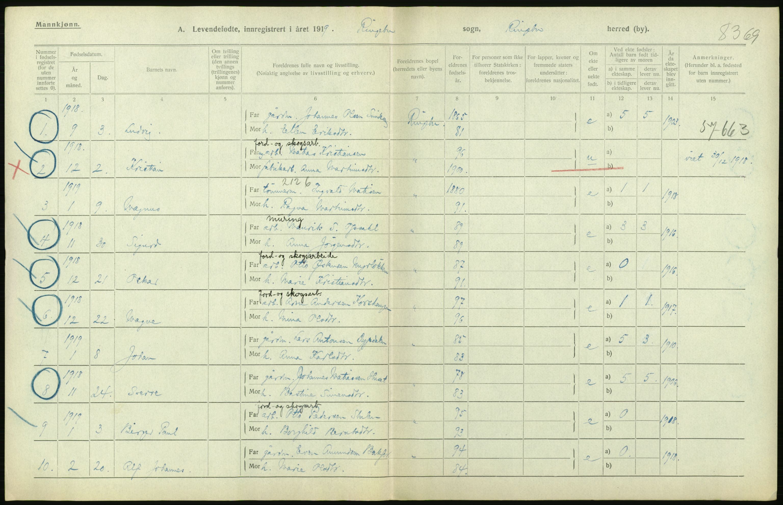 Statistisk sentralbyrå, Sosiodemografiske emner, Befolkning, RA/S-2228/D/Df/Dfb/Dfbi/L0014: Oppland fylke: Levendefødte menn og kvinner. Bygder og byer., 1919, p. 294