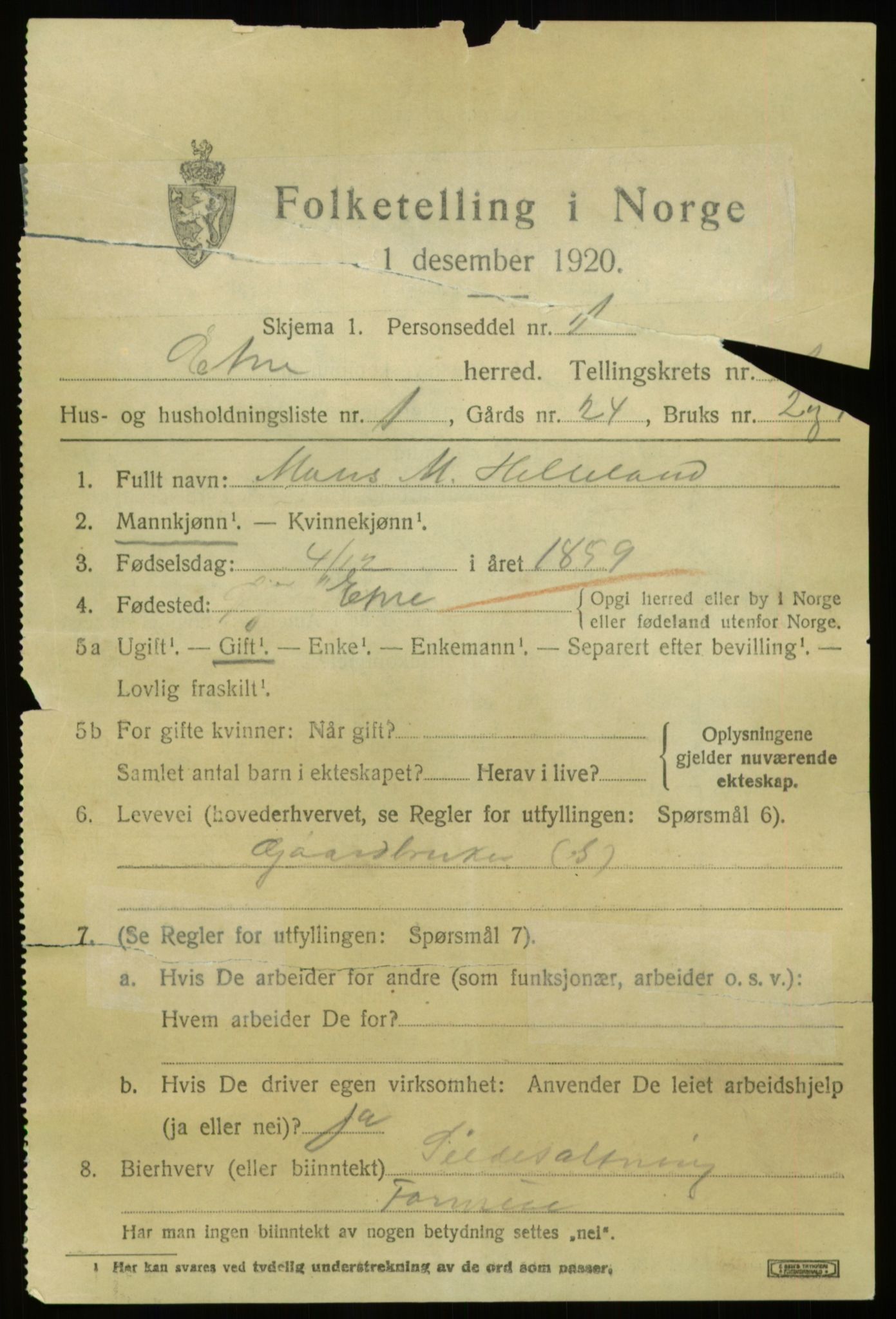 SAB, 1920 census for Etne, 1920, p. 1025