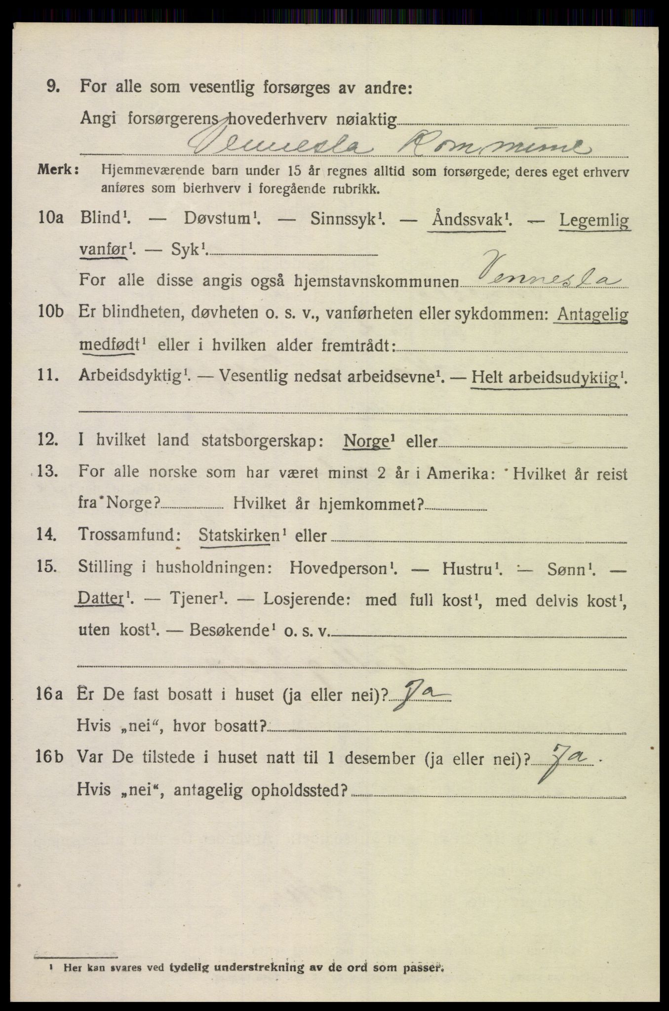 SAK, 1920 census for Vennesla, 1920, p. 949