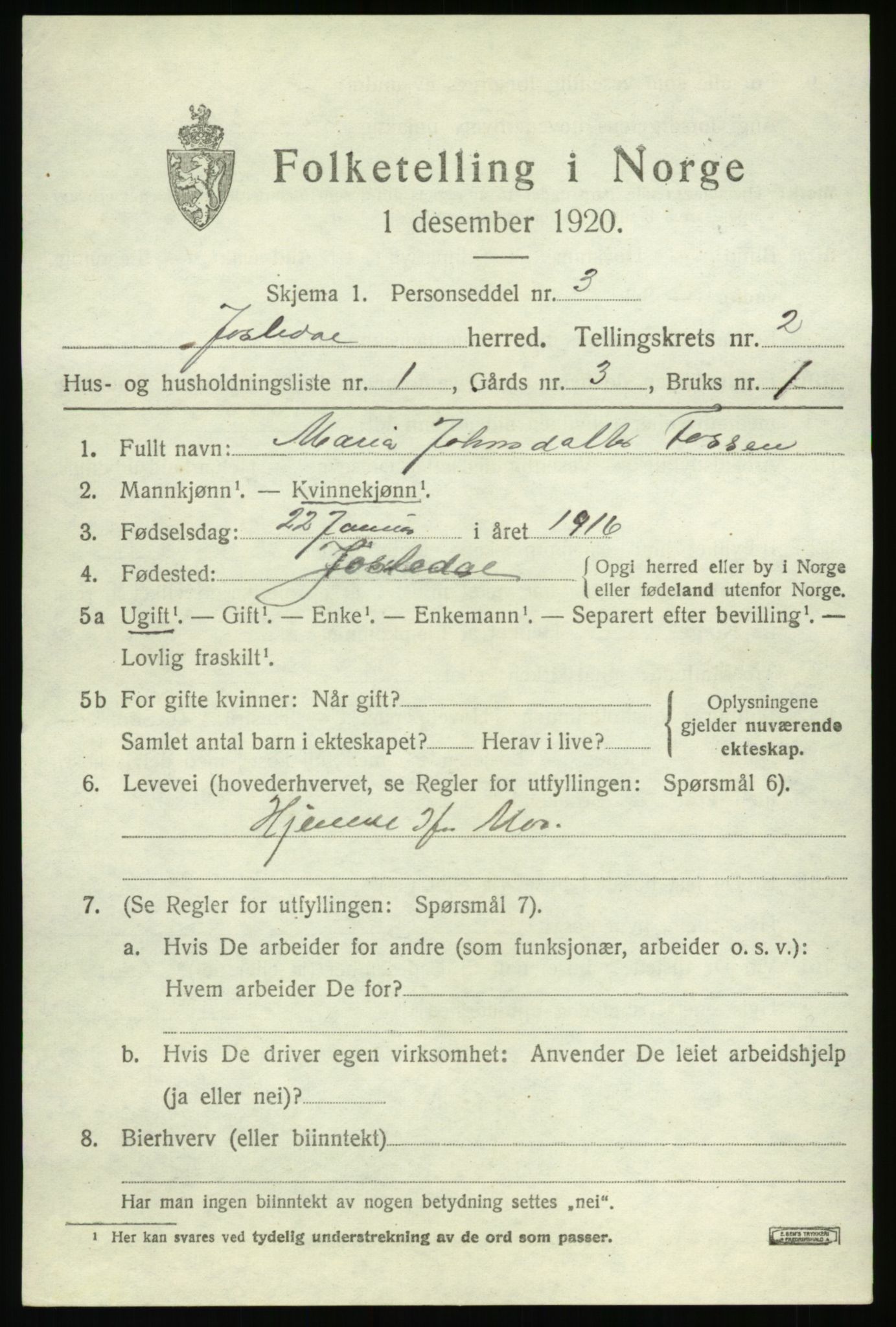 SAB, 1920 census for Jostedal, 1920, p. 582