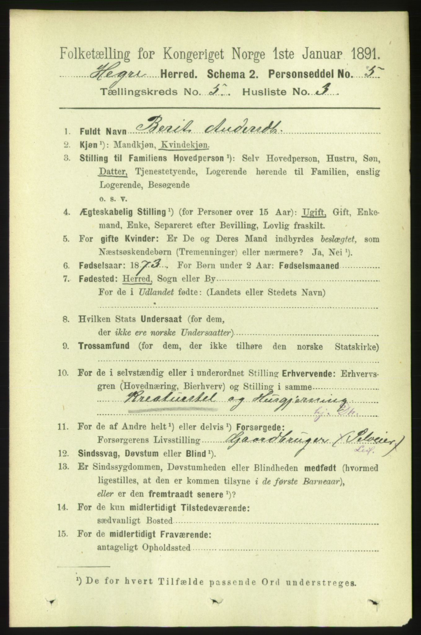 RA, 1891 census for 1712 Hegra, 1891, p. 2025