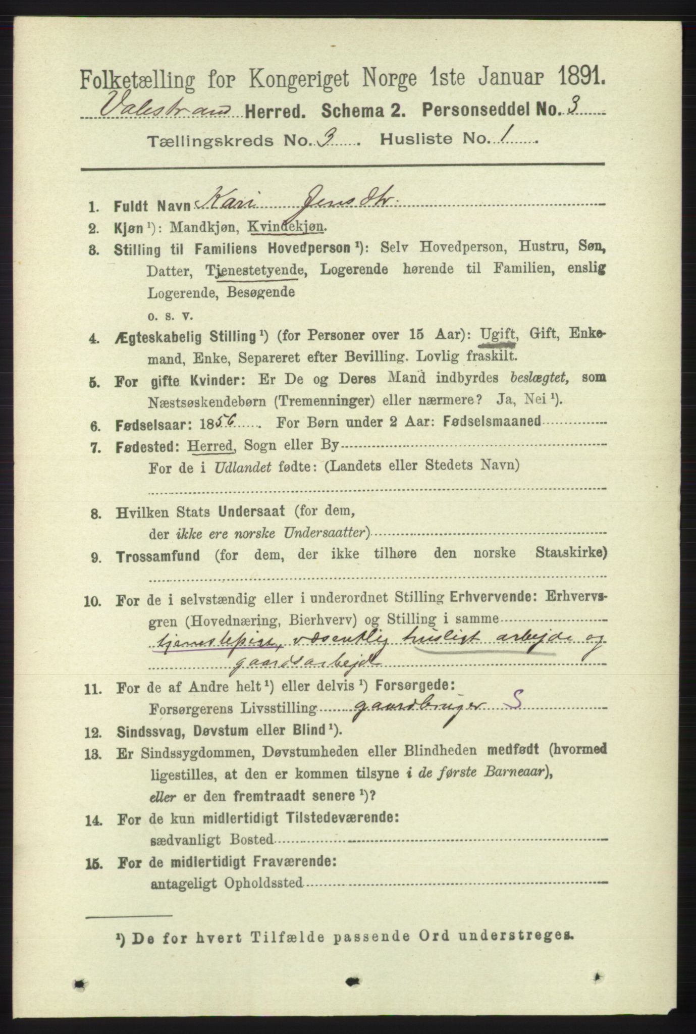 RA, 1891 census for 1217 Valestrand, 1891, p. 545