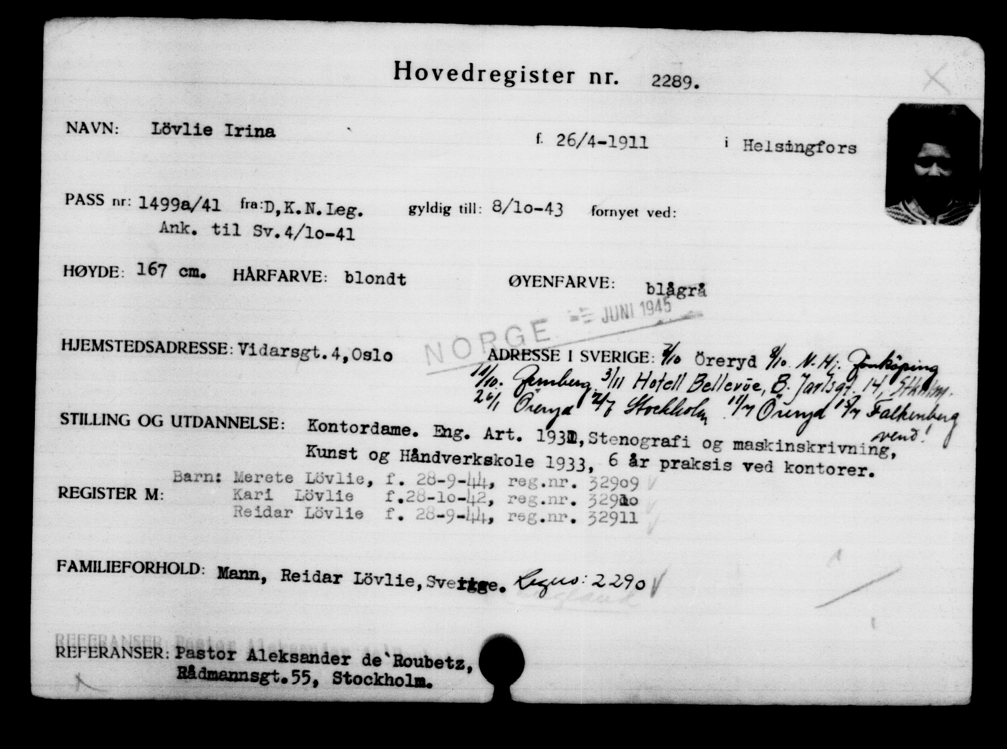 Utenriksstasjonene, Legasjonen i Stockholm, Flyktningkontoret, AV/RA-S-6753/V/Va/L0003: Kjesäterkartoteket, flyktninger med registreringsnr. 2001-3495, 1940-1945, p. 408