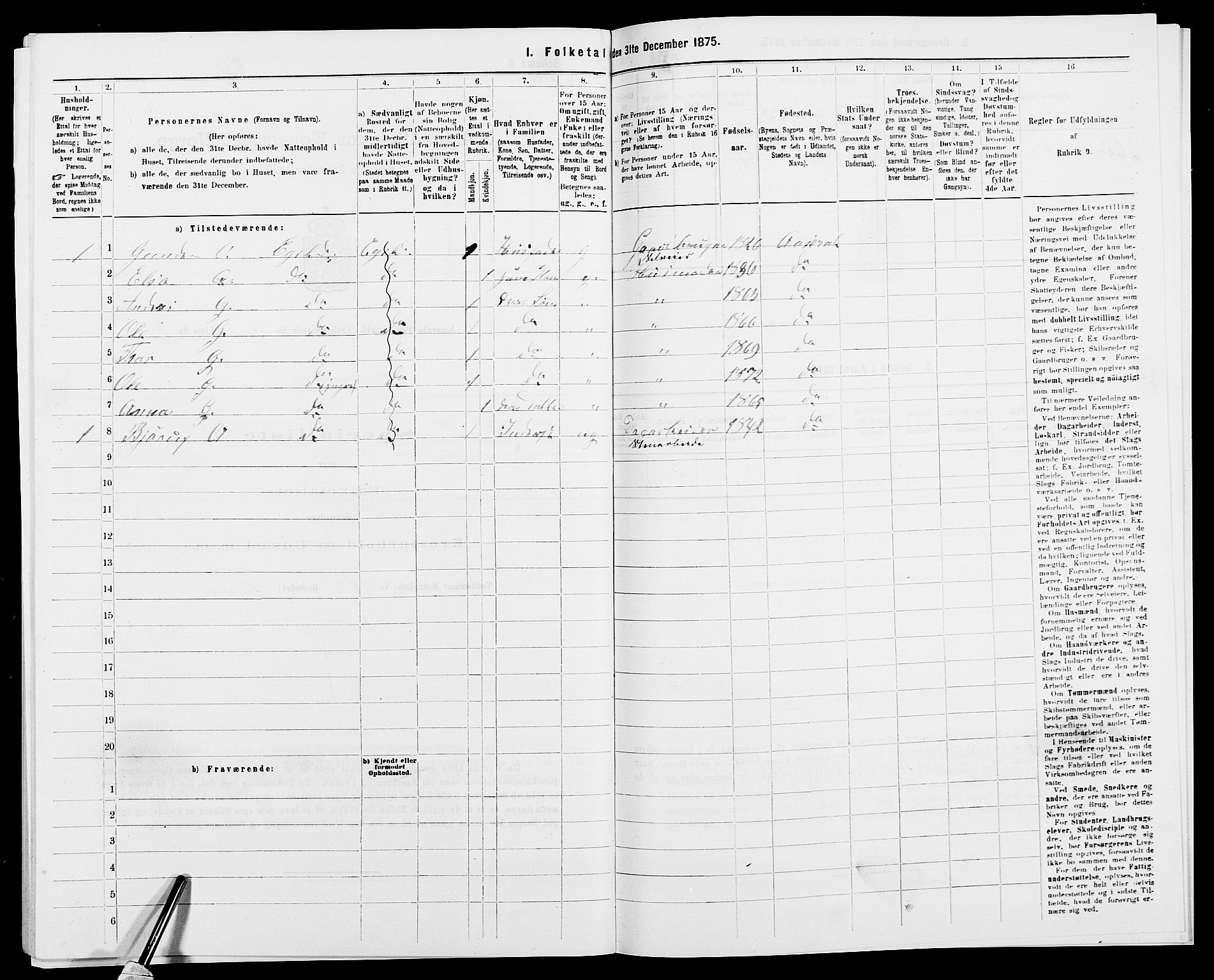 SAK, 1875 census for 0980P Åseral, 1875, p. 342