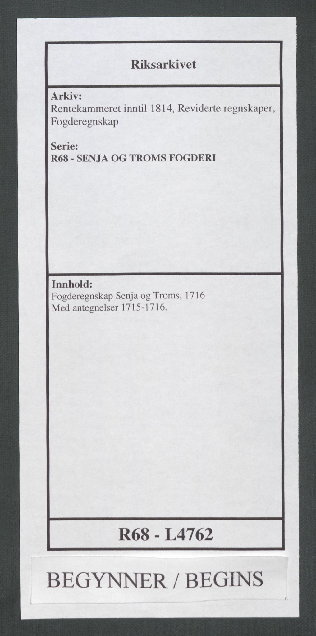 Rentekammeret inntil 1814, Reviderte regnskaper, Fogderegnskap, RA/EA-4092/R68/L4762: Fogderegnskap Senja og Troms, 1716, p. 1
