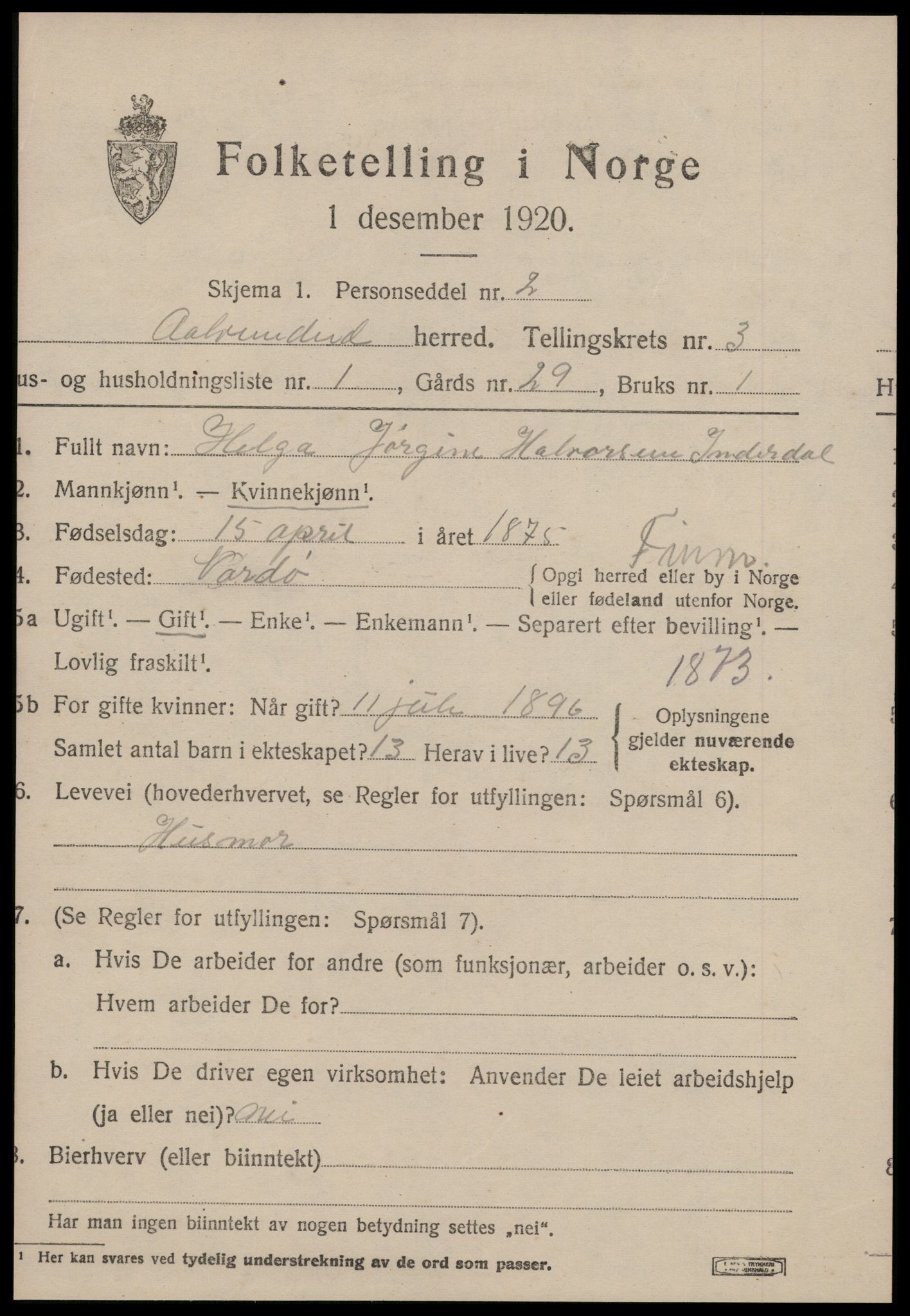 SAT, 1920 census for Ålvundeid, 1920, p. 806