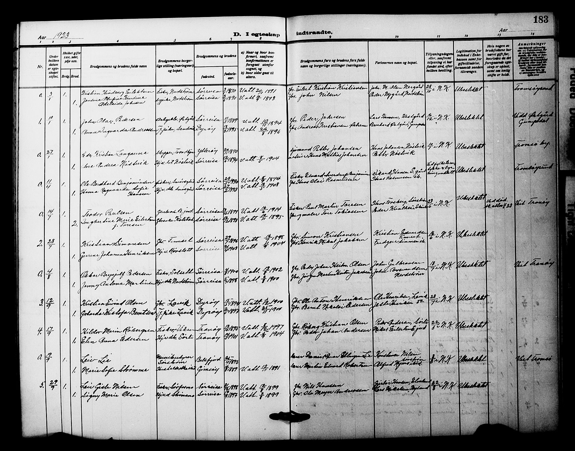 Tranøy sokneprestkontor, SATØ/S-1313/I/Ia/Iab/L0023klokker: Parish register (copy) no. 23, 1913-1928, p. 183