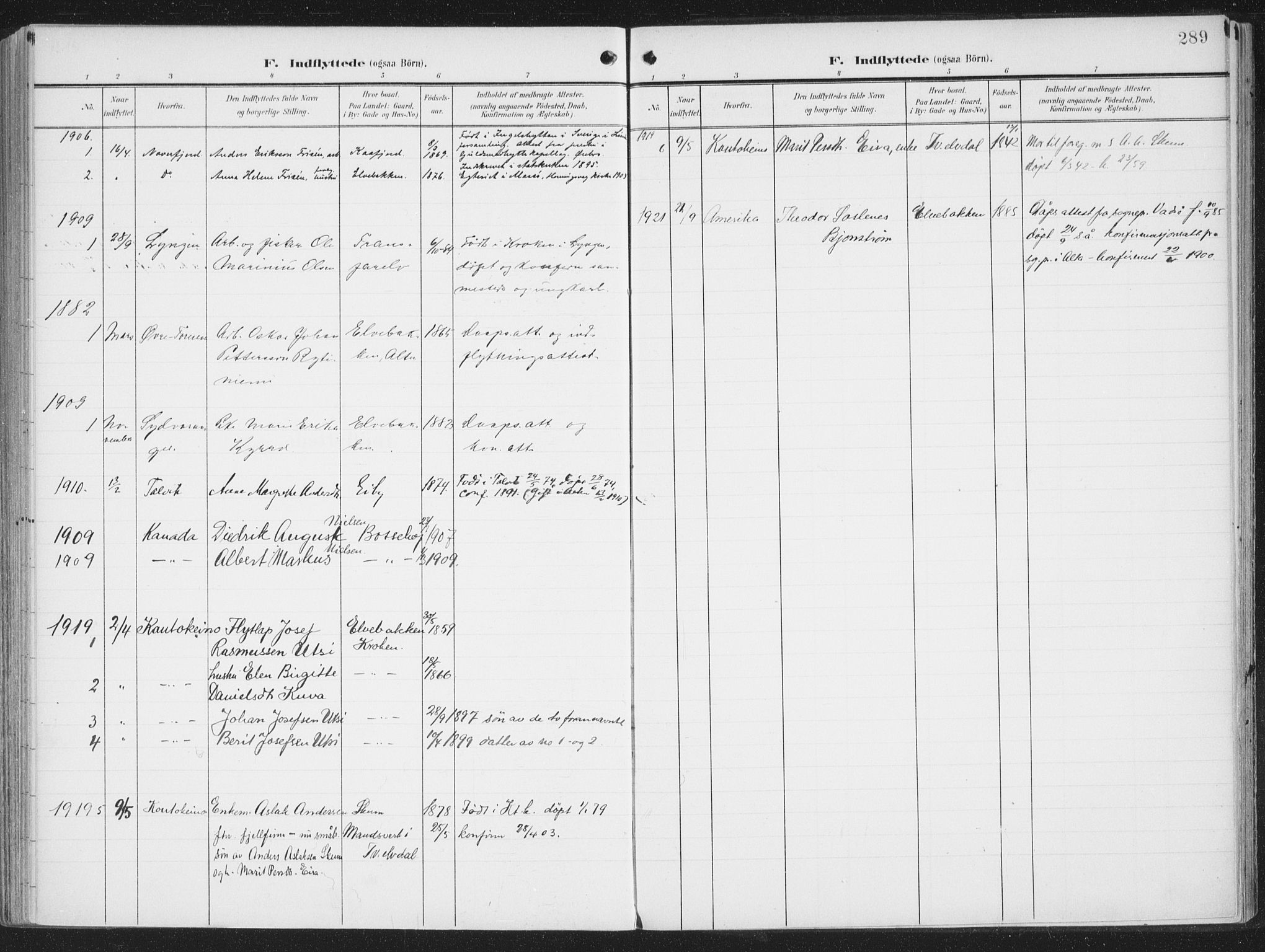 Alta sokneprestkontor, SATØ/S-1338/H/Ha/L0005.kirke: Parish register (official) no. 5, 1904-1918, p. 289