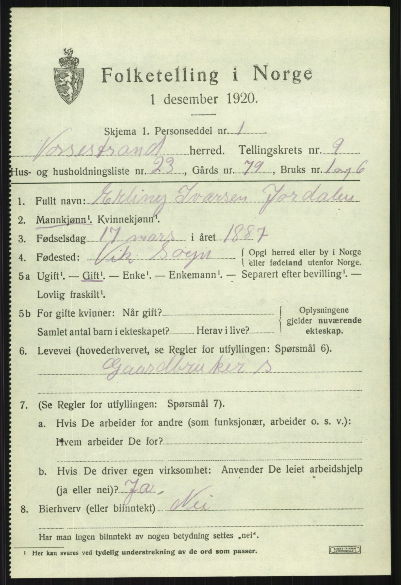 SAB, 1920 census for Vossestrand, 1920, p. 4094