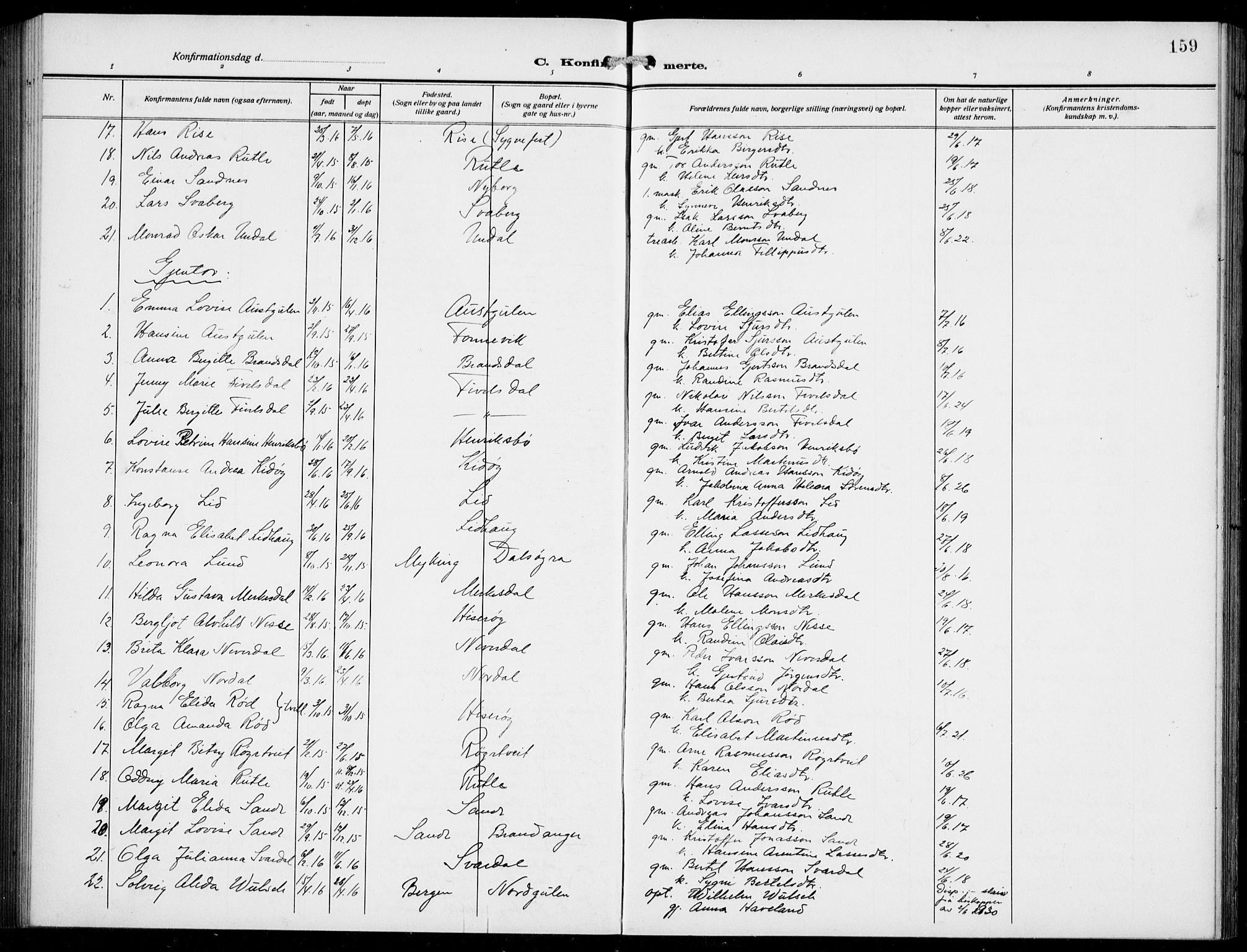 Gulen sokneprestembete, AV/SAB-A-80201/H/Hab/Habb/L0004: Parish register (copy) no. B 4, 1908-1936, p. 159