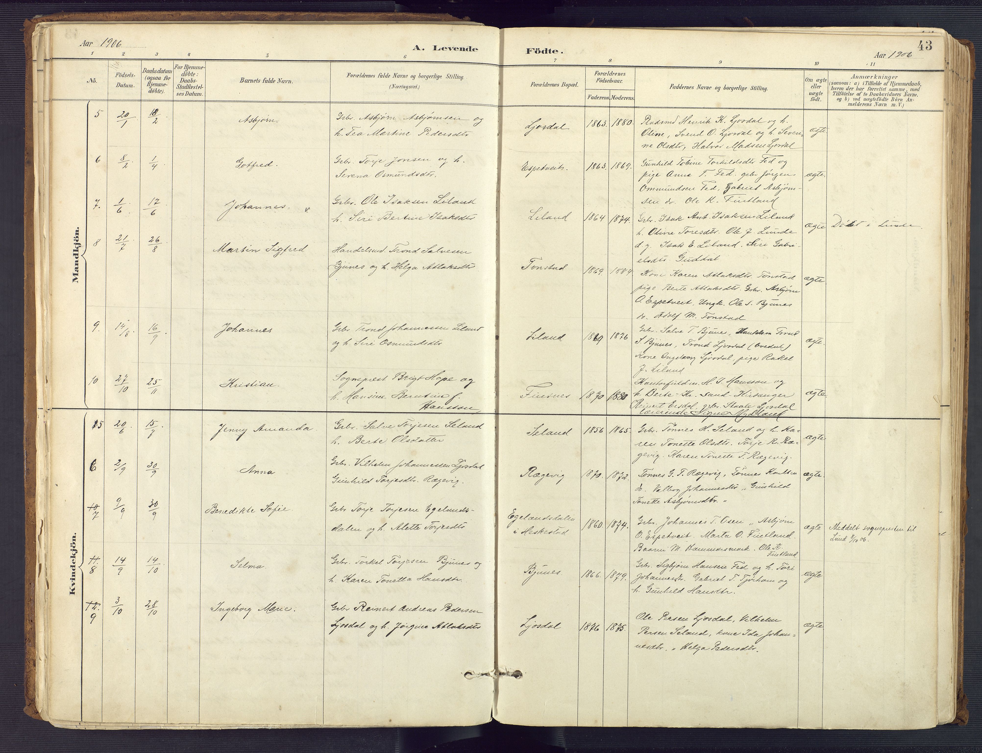 Sirdal sokneprestkontor, AV/SAK-1111-0036/F/Fa/Fab/L0004: Parish register (official) no. A 4, 1887-1919, p. 43