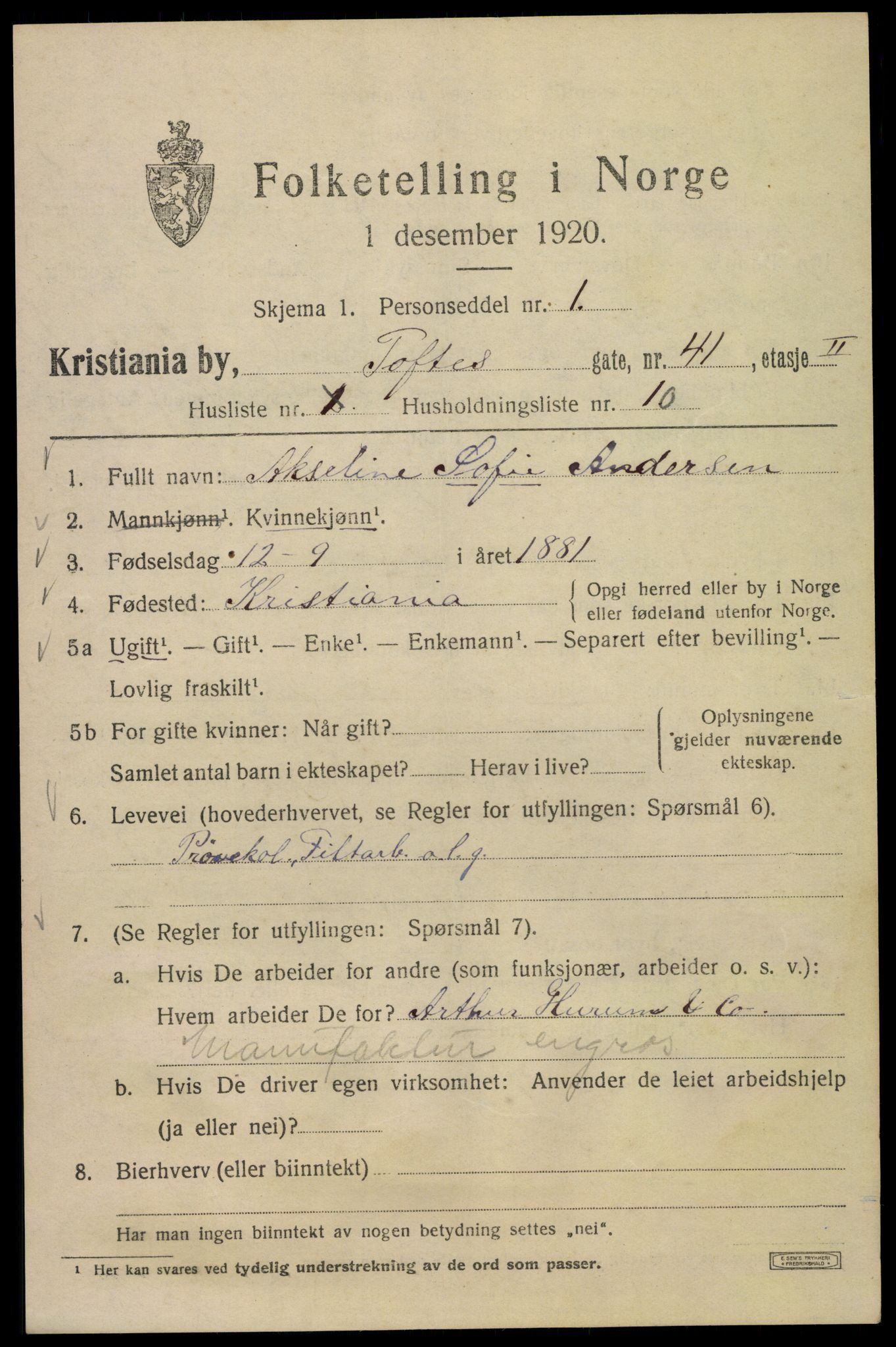 SAO, 1920 census for Kristiania, 1920, p. 585029