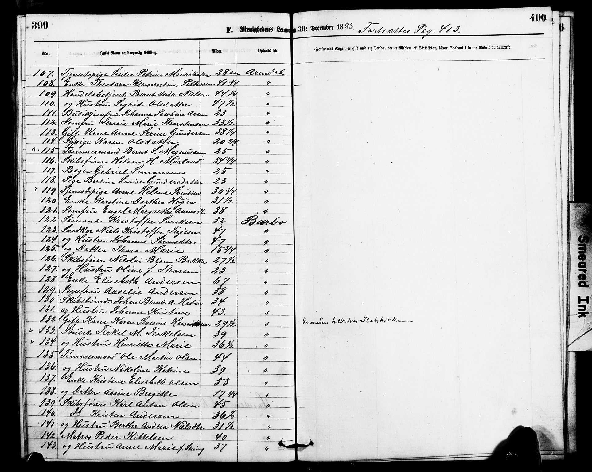 Den evangelisk-lutherske frimenighet, Arendal, AV/SAK-1292-0005/F/Fa/L0001: Dissenter register no. F 5, 1877-1883, p. 399-400