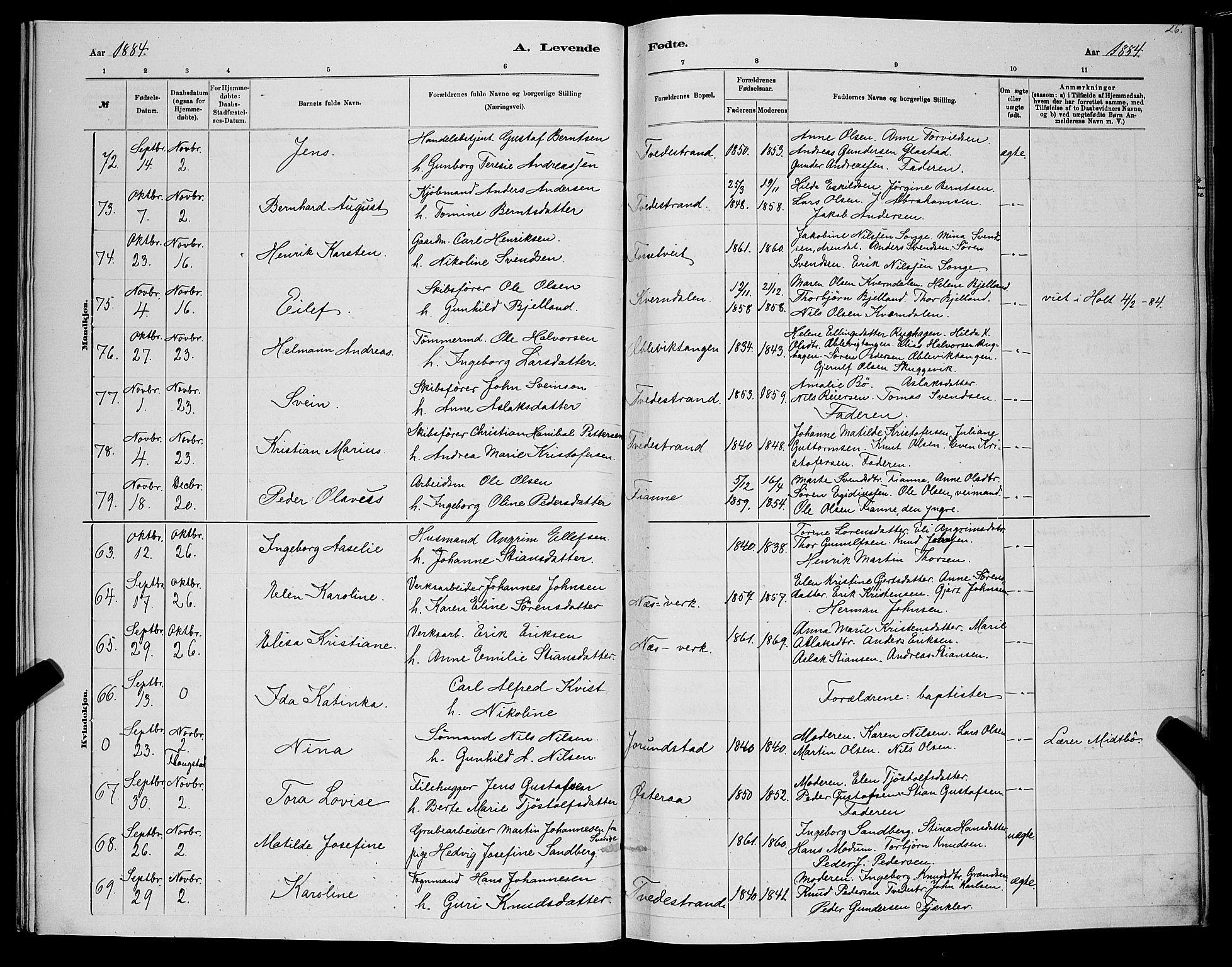 Holt sokneprestkontor, AV/SAK-1111-0021/F/Fb/L0010: Parish register (copy) no. B 10, 1883-1896, p. 26