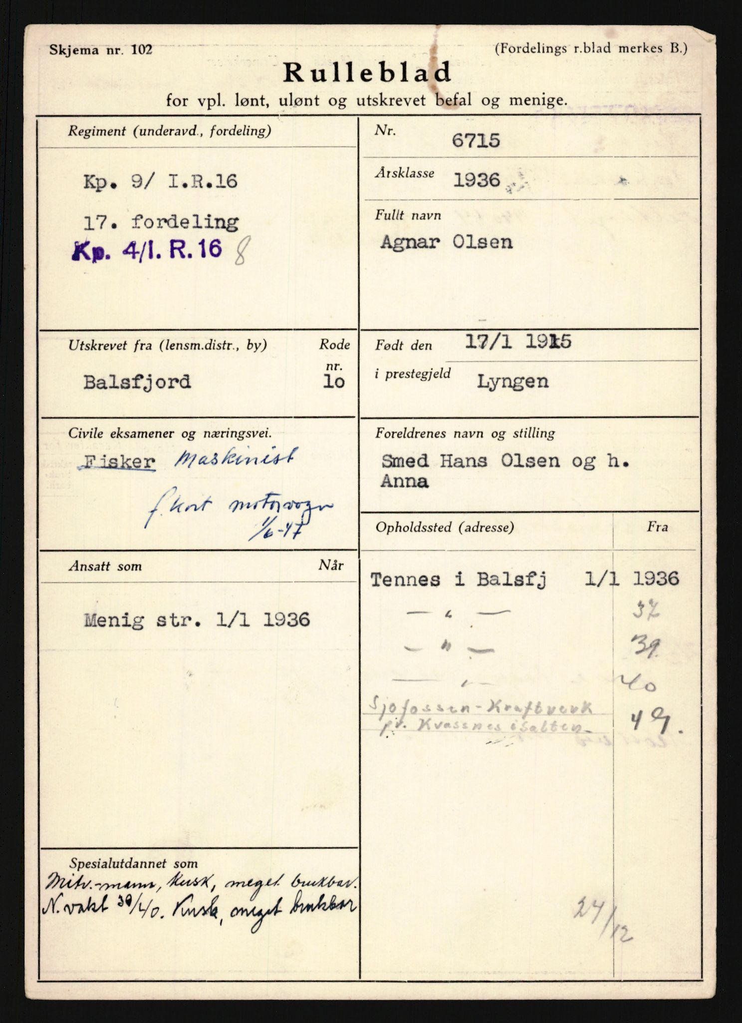 Forsvaret, Troms infanteriregiment nr. 16, AV/RA-RAFA-3146/P/Pa/L0020: Rulleblad for regimentets menige mannskaper, årsklasse 1936, 1936, p. 1005