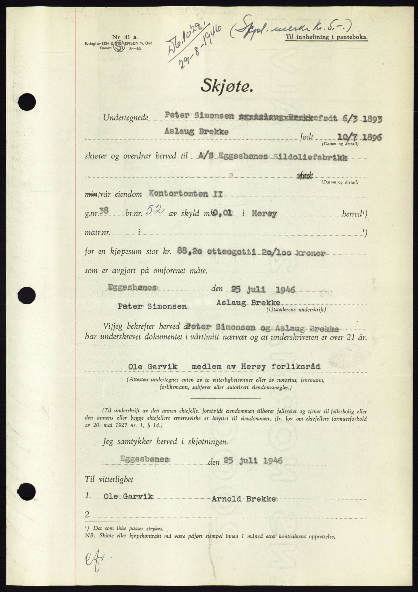 Søre Sunnmøre sorenskriveri, AV/SAT-A-4122/1/2/2C/L0078: Mortgage book no. 4A, 1946-1946, Diary no: : 1029/1946