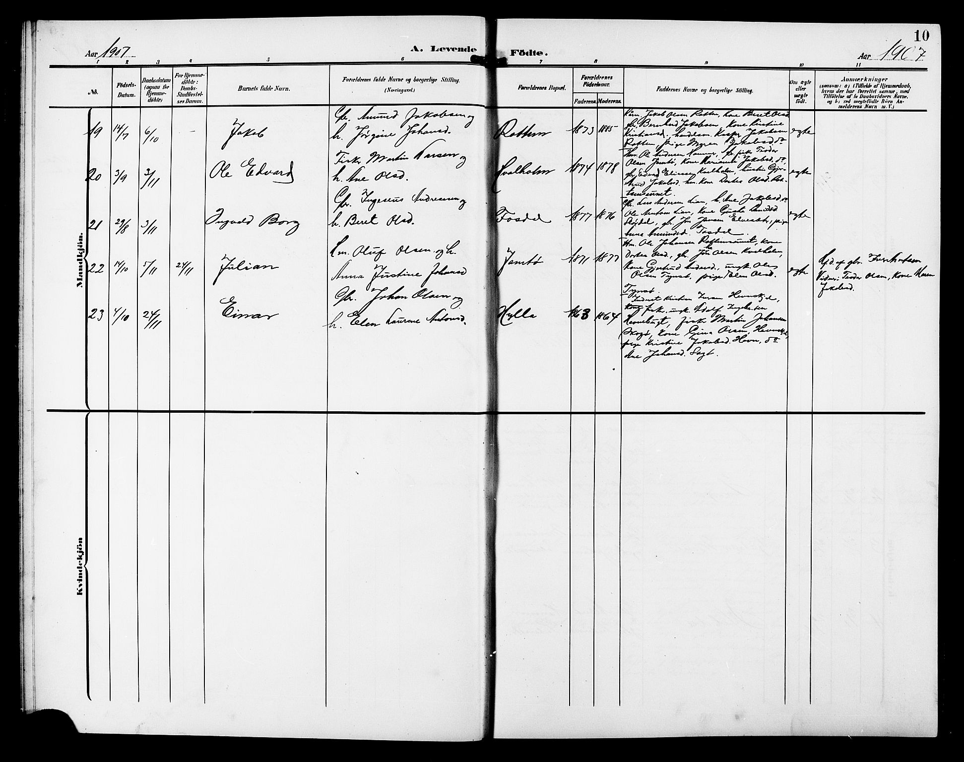 Ministerialprotokoller, klokkerbøker og fødselsregistre - Sør-Trøndelag, SAT/A-1456/633/L0520: Parish register (copy) no. 633C02, 1906-1921, p. 10