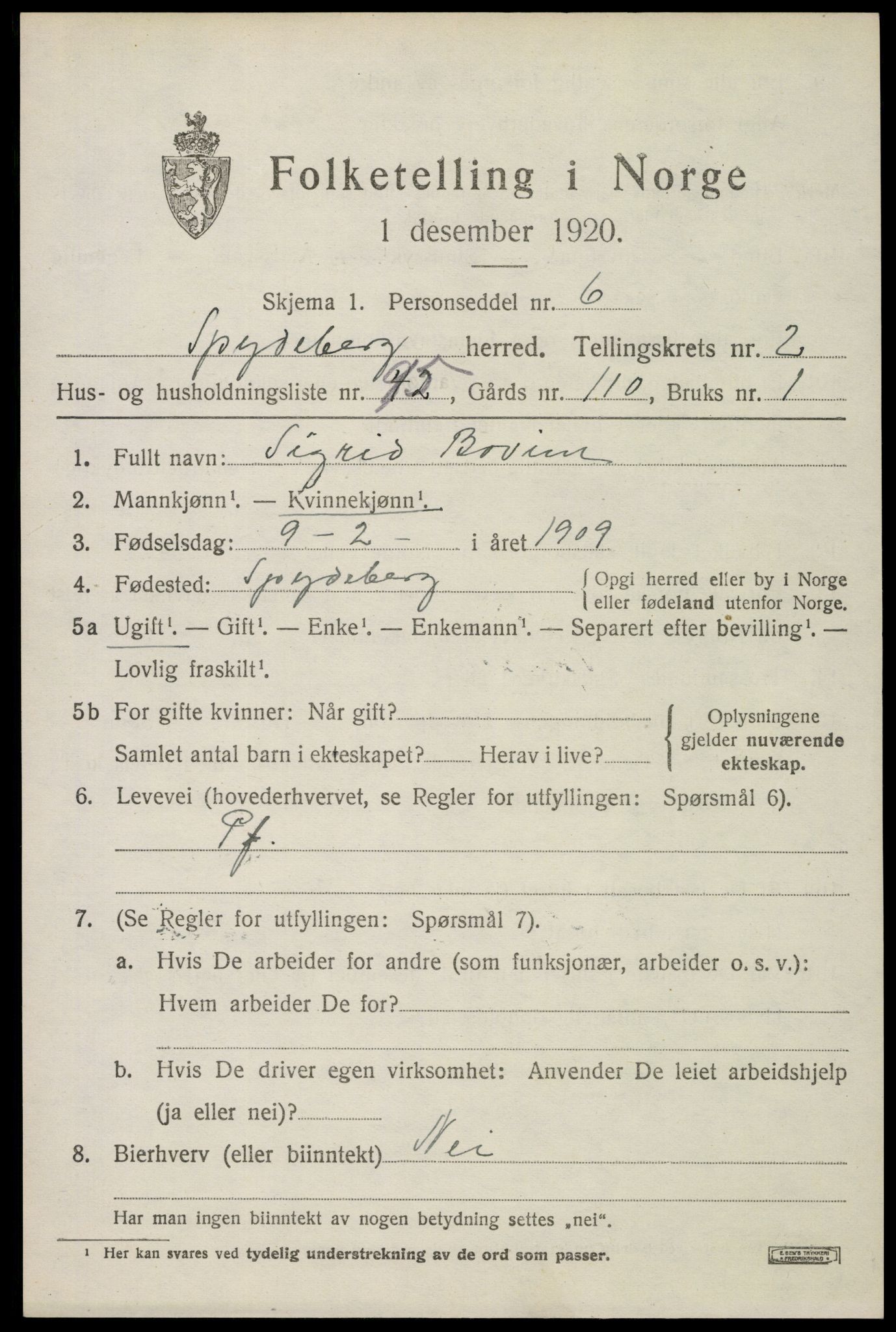 SAO, 1920 census for Spydeberg, 1920, p. 4053