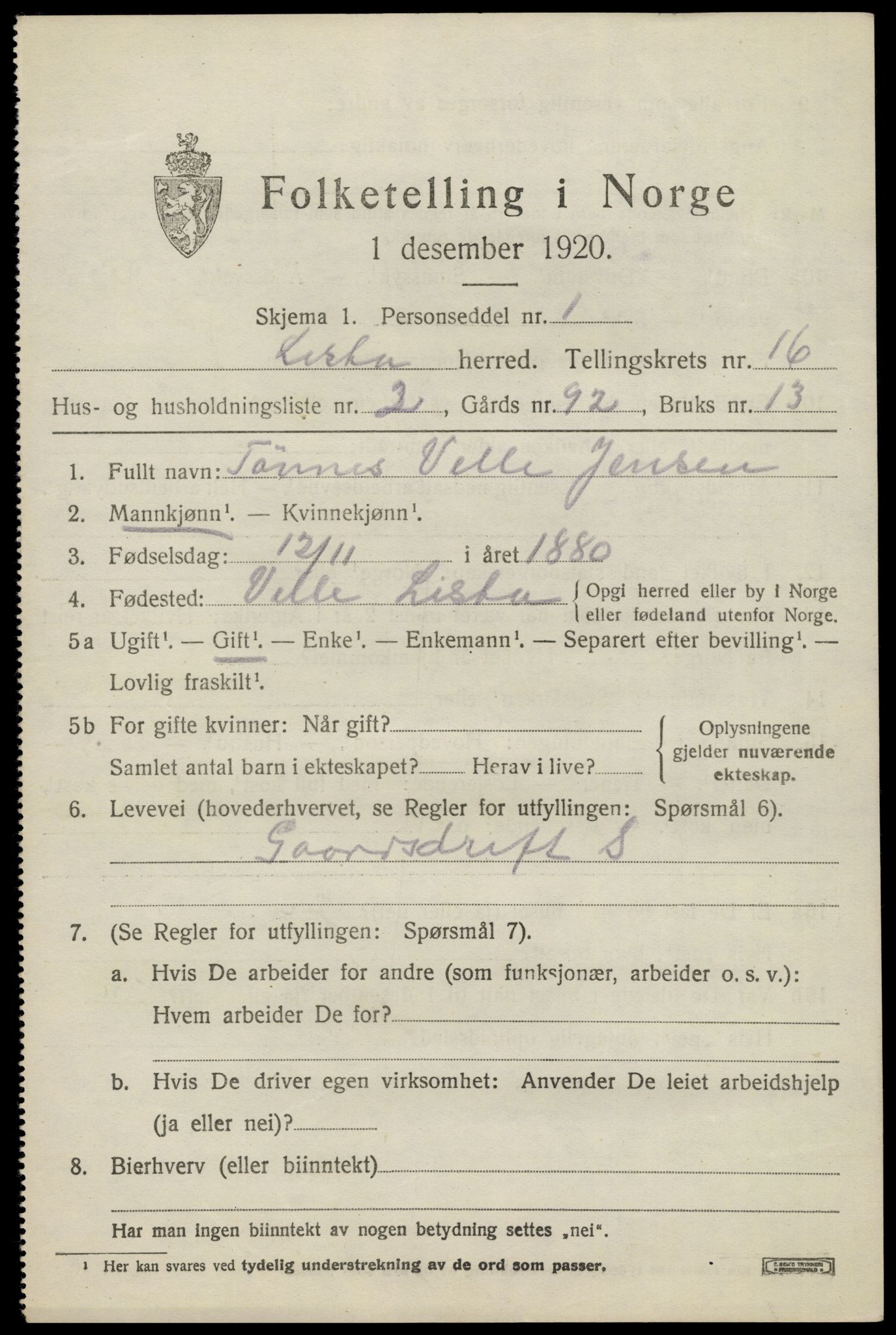 SAK, 1920 census for Lista, 1920, p. 12941