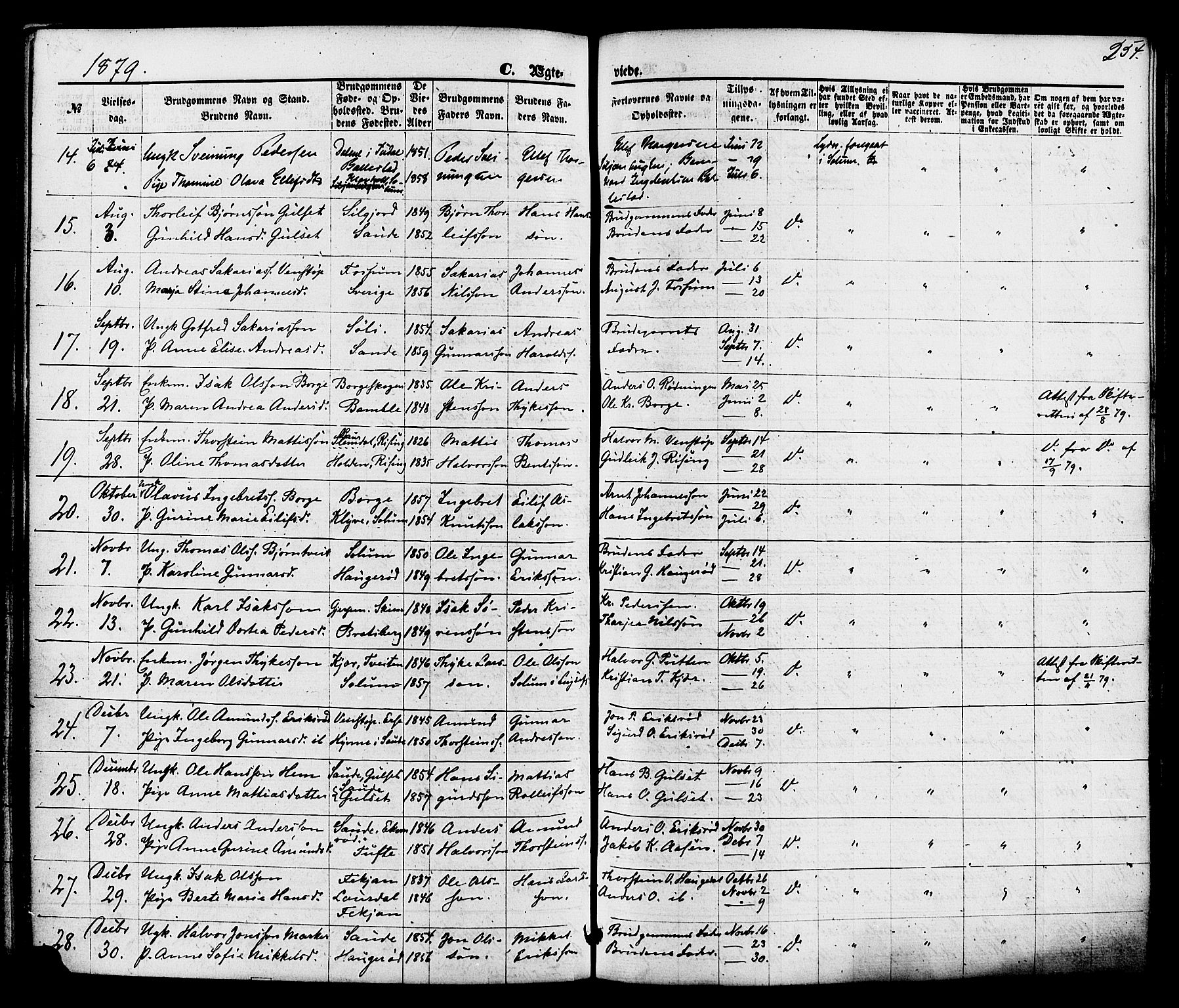 Gjerpen kirkebøker, SAKO/A-265/F/Fa/L0009: Parish register (official) no. I 9, 1872-1885, p. 254