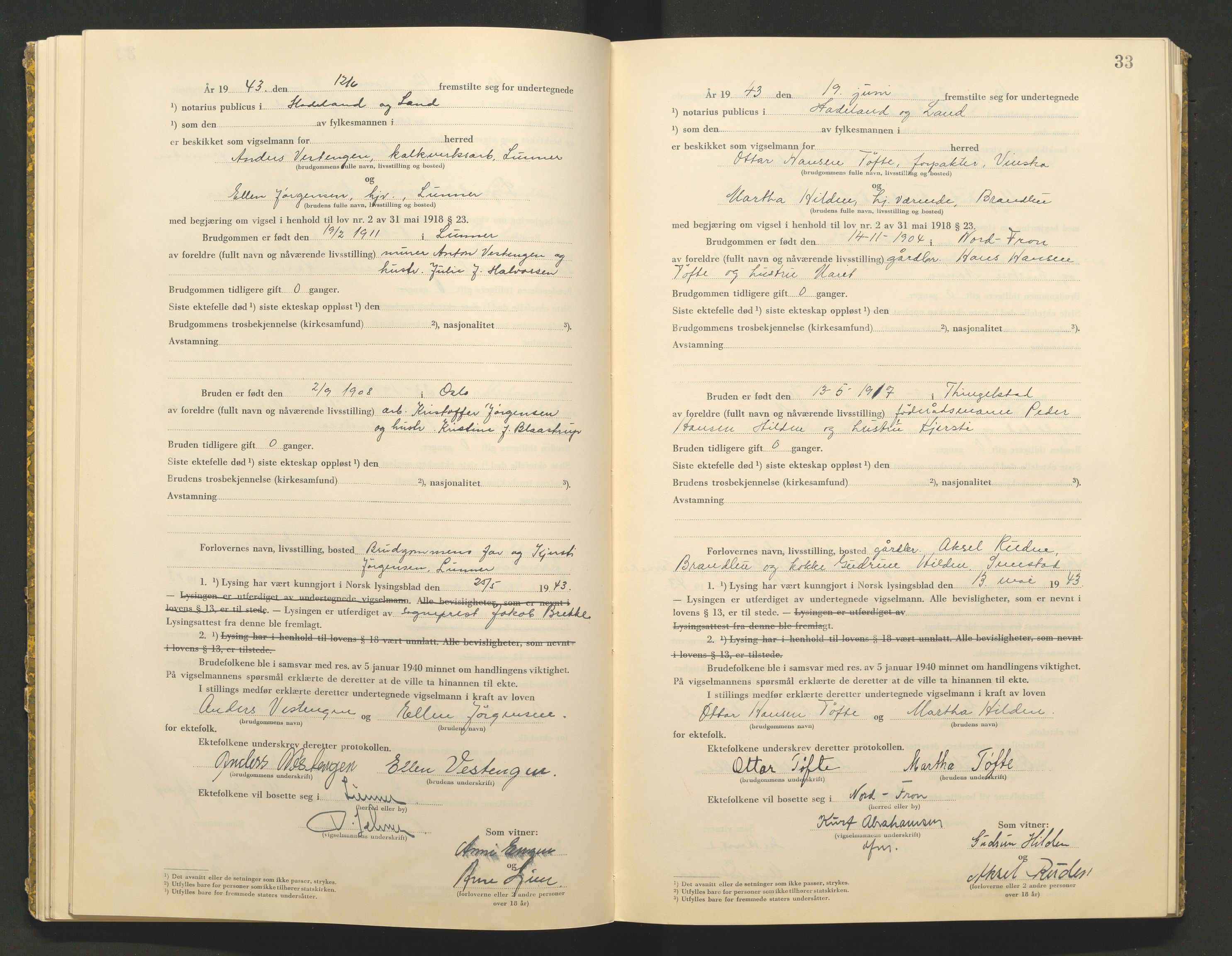 Hadeland og Land tingrett, AV/SAH-TING-010/L/Lb/L0002: Vigselbok, 1943-1944, p. 33